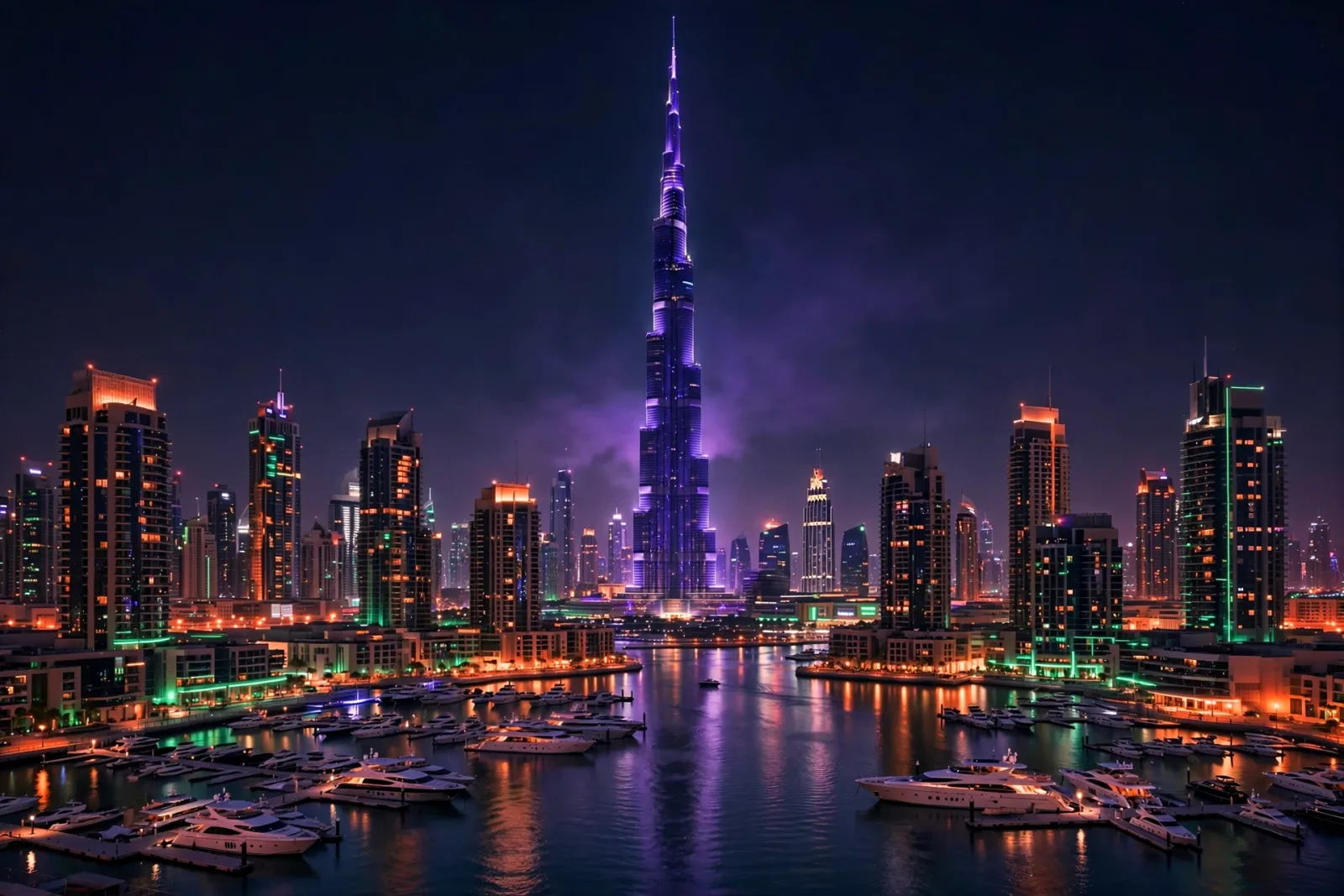 The Dubai skyline at night with Burj Khalifa rising above illuminated skyscrapers and marina reflections in violet glow, repr