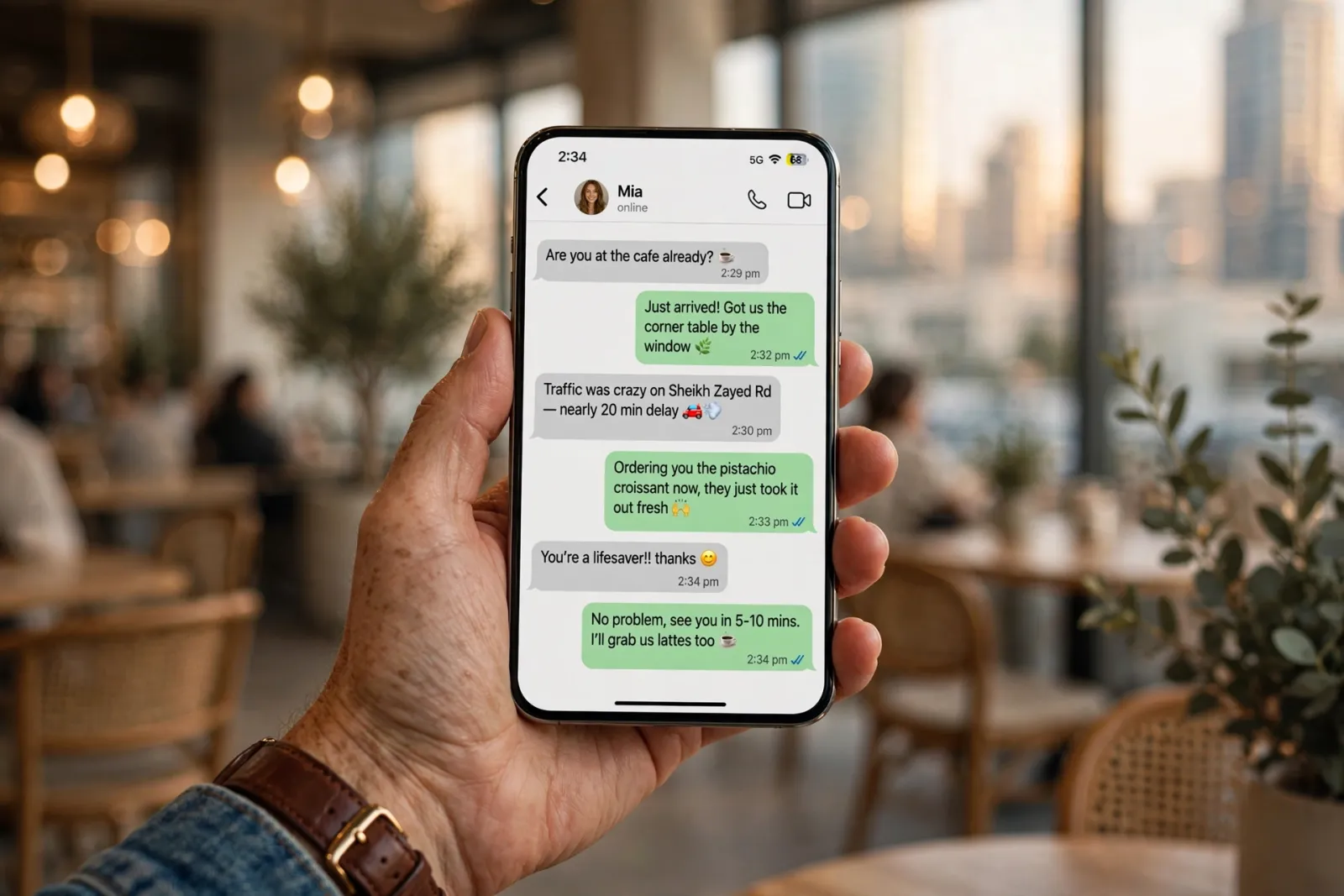 Person holding smartphone with WhatsApp chat conversation in a Dubai cafe