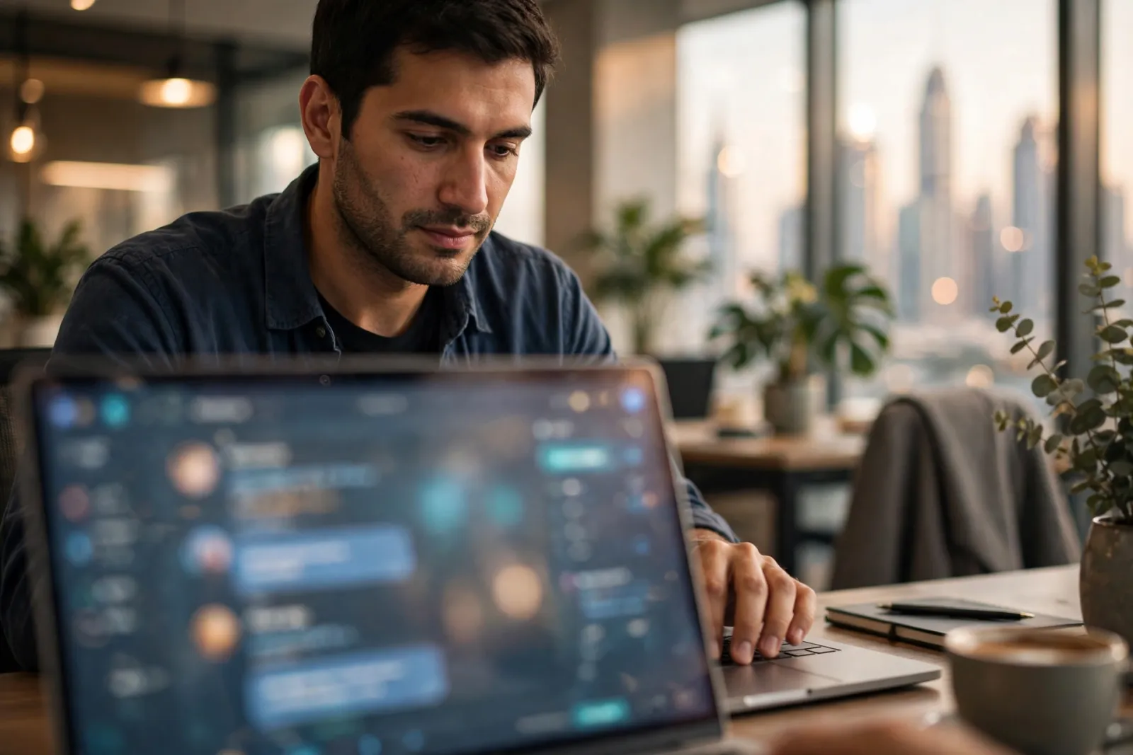 Professional using an AI assistant on a laptop in a Dubai office