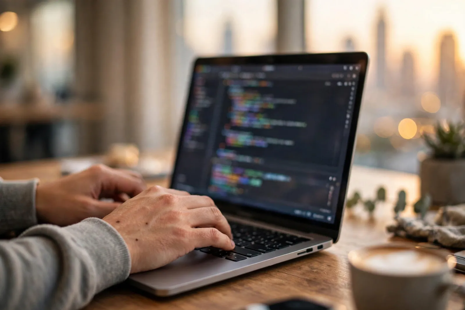 Next.js developer writing code on a laptop in a Dubai office