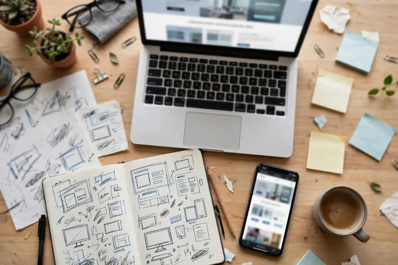 Landing page design in progress — designer reviewing page mockup on screen