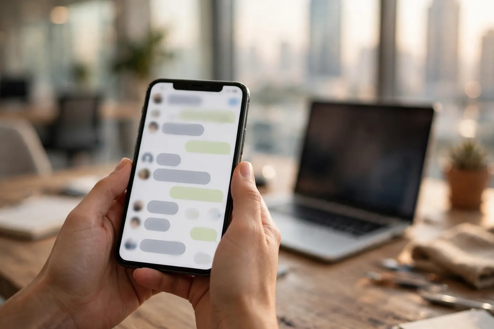 Hands holding smartphone with WhatsApp messaging app in a Dubai office
