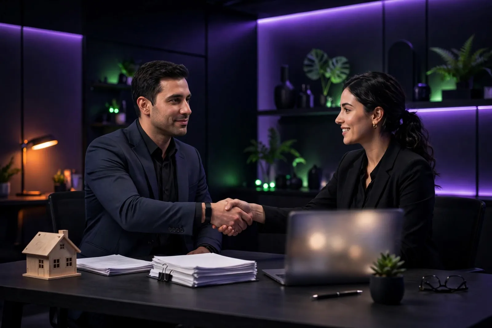 Two professionals shaking hands across a broker's desk with a small house model and stacked policy documents, in a dark offic
