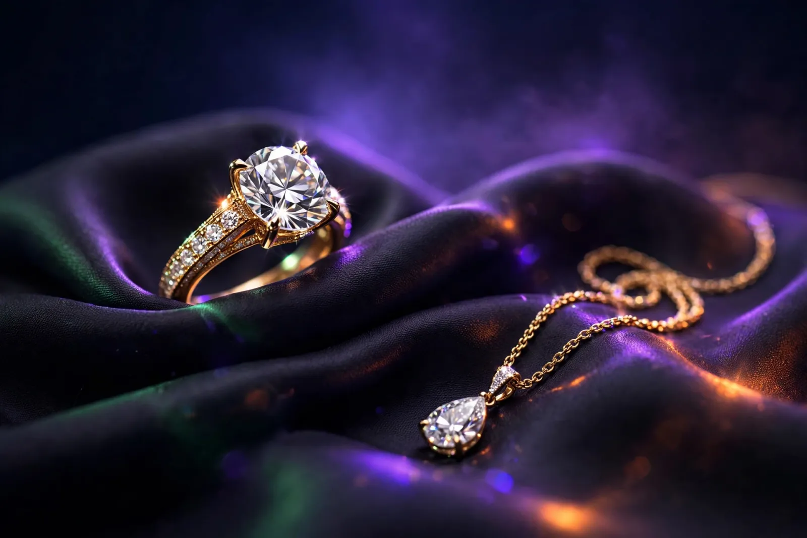 An extreme macro of a diamond ring and gold necklace sparkling on dark silk under dramatic violet studio lighting, capturing 