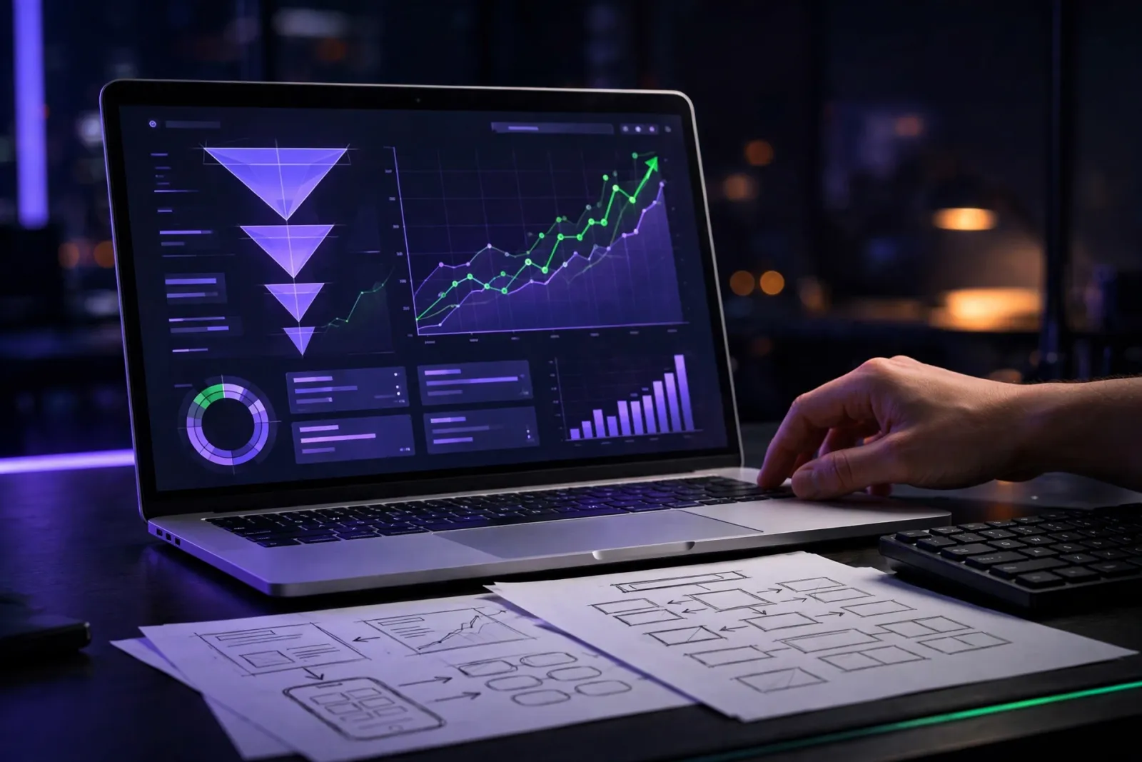 Laptop showing a lead-generation funnel dashboard with UX wireframe sketches on paper beside the keyboard in a dark modern of