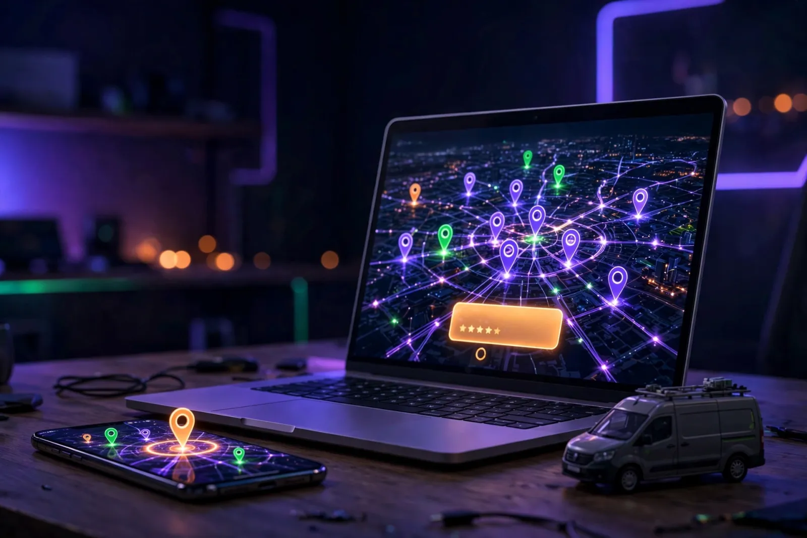 Smartphone and laptop showing a glowing city map with illuminated location pins and a highlighted top map-ranking result card
