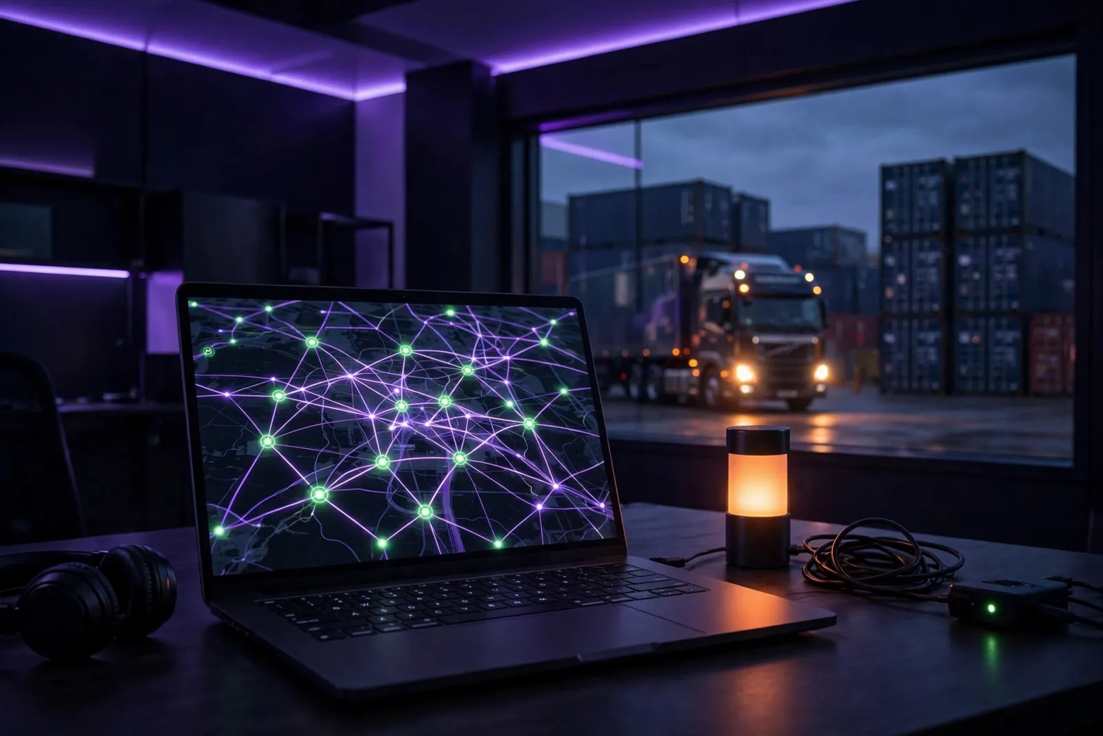 Laptop showing a freight-tracking website dashboard with glowing route lines, a semi-truck at dusk visible through the window
