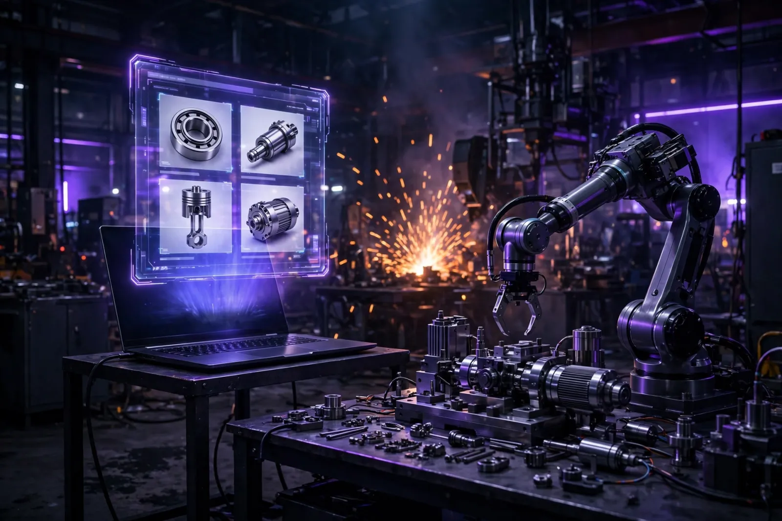 Industrial factory floor with robotic arm and machinery, a laptop screen displaying an industrial company website design amid
