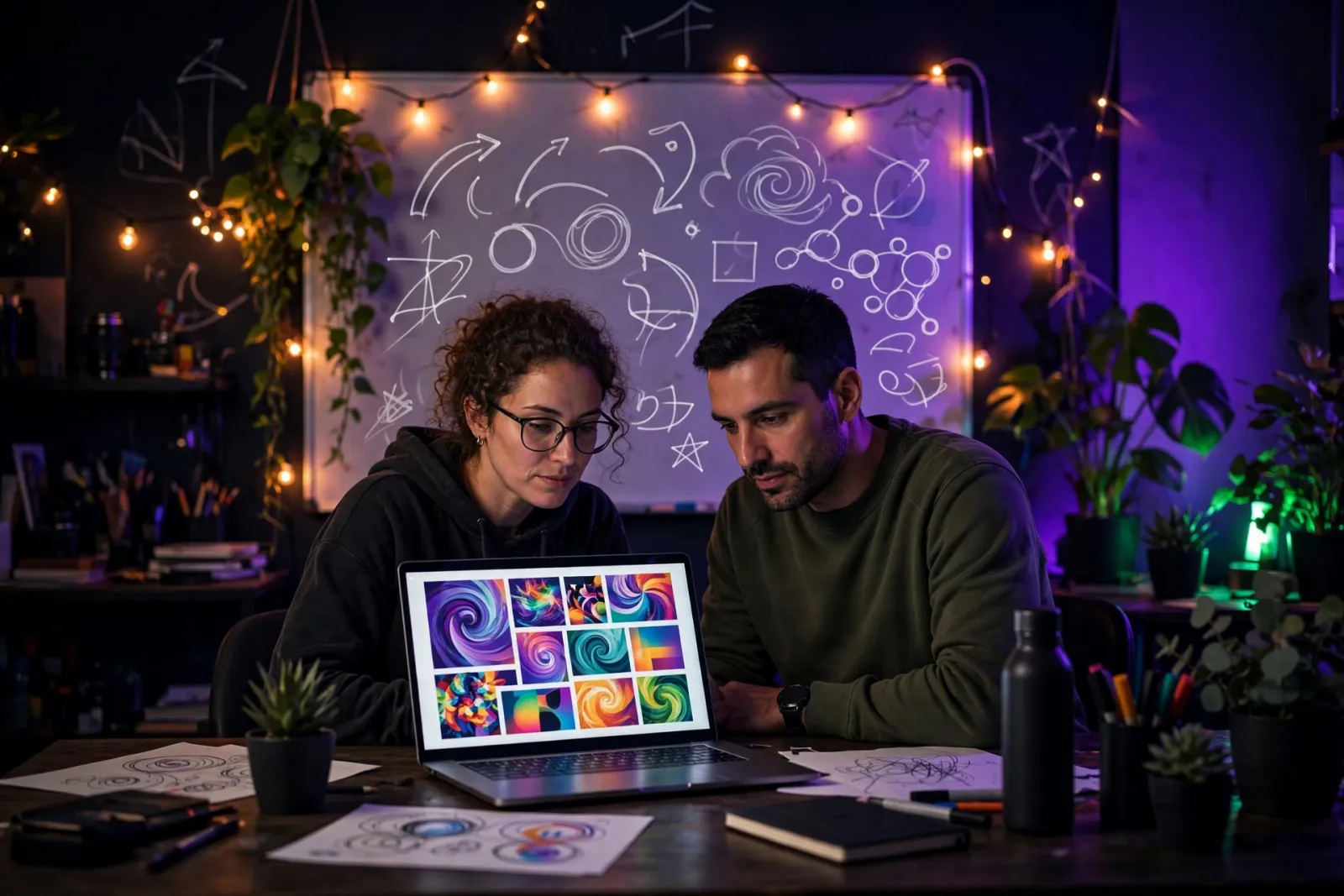 Two designers collaborating around a laptop showing a digital agency portfolio website with campaign mockups in a creative st