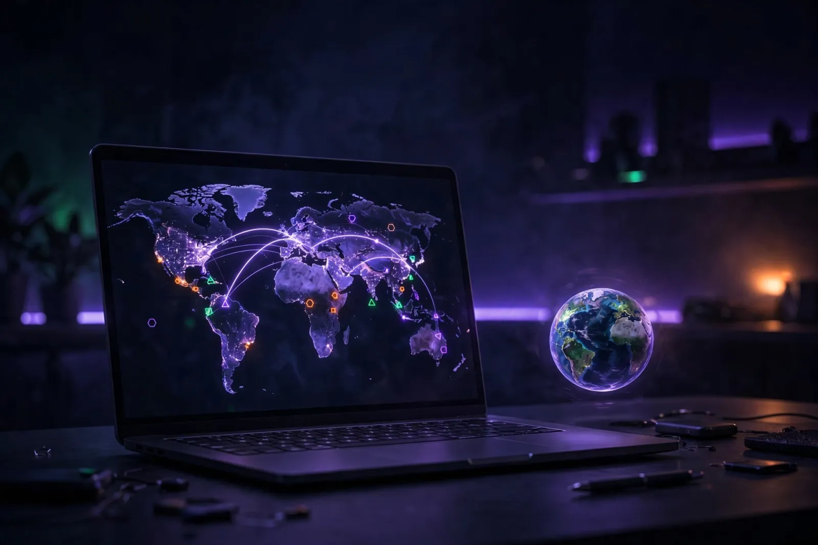 Laptop showing a glowing world map with connecting language-route arcs between continents, with a floating globe beside it on