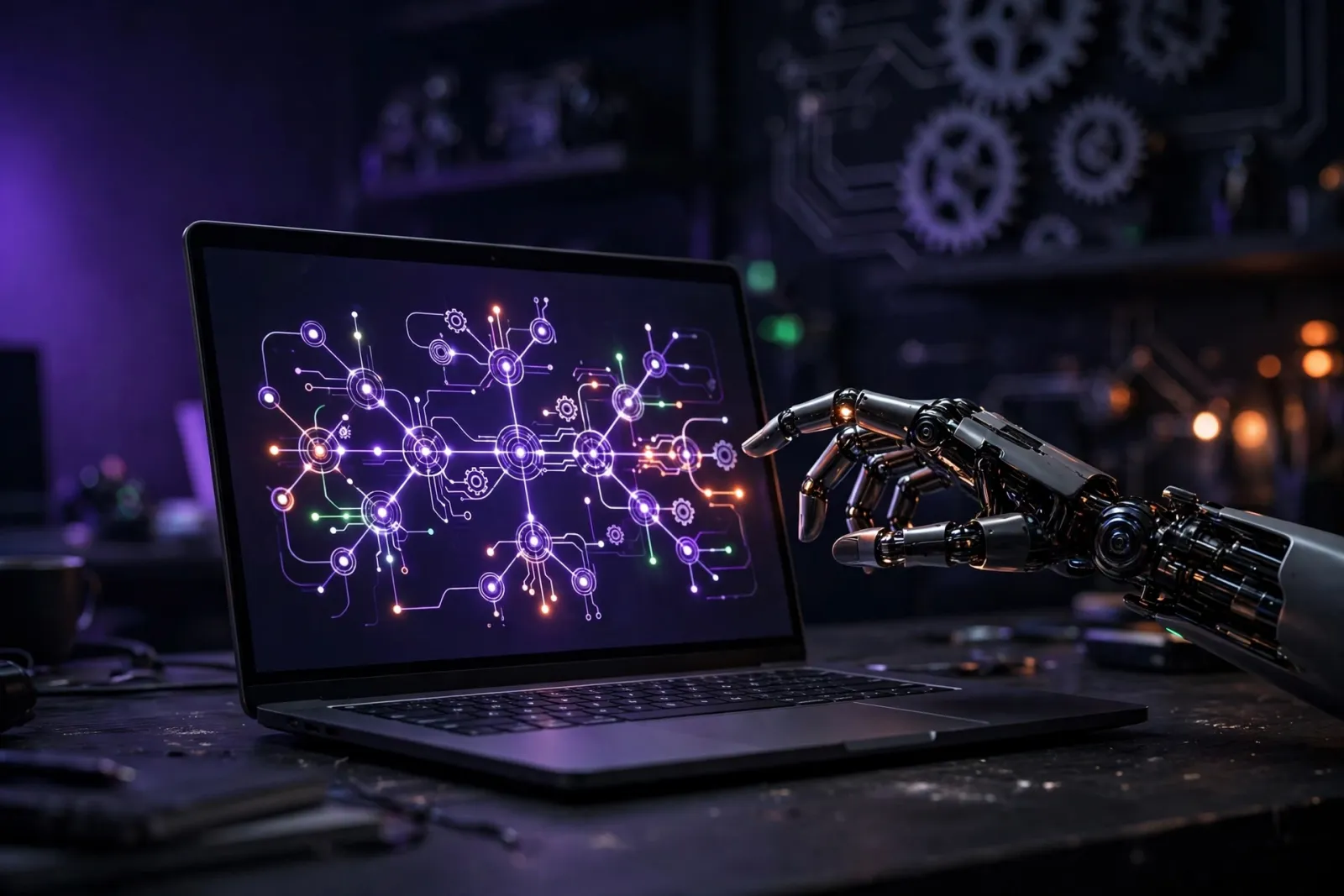 Laptop showing a glowing AI automation workflow diagram with connected nodes, gears and circuit motifs blurred behind and a r