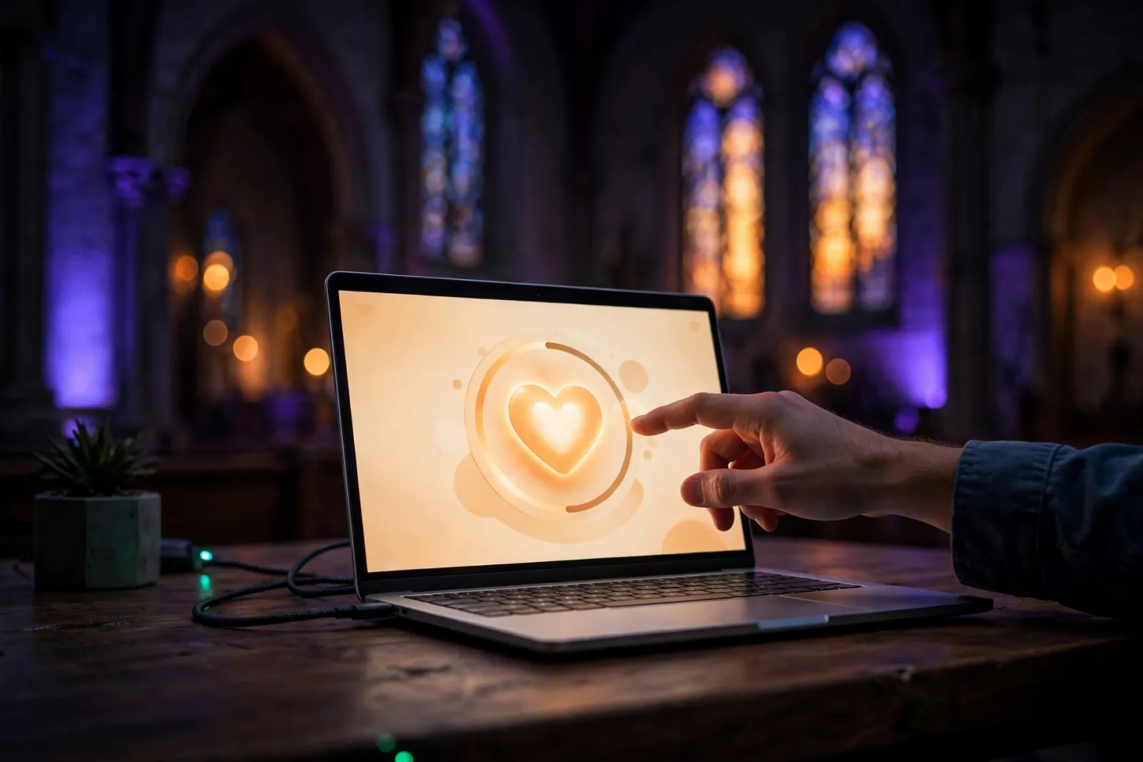 A hand touches a glowing laptop screen showing a warm charity donation webpage, with a softly lit church interior and stained