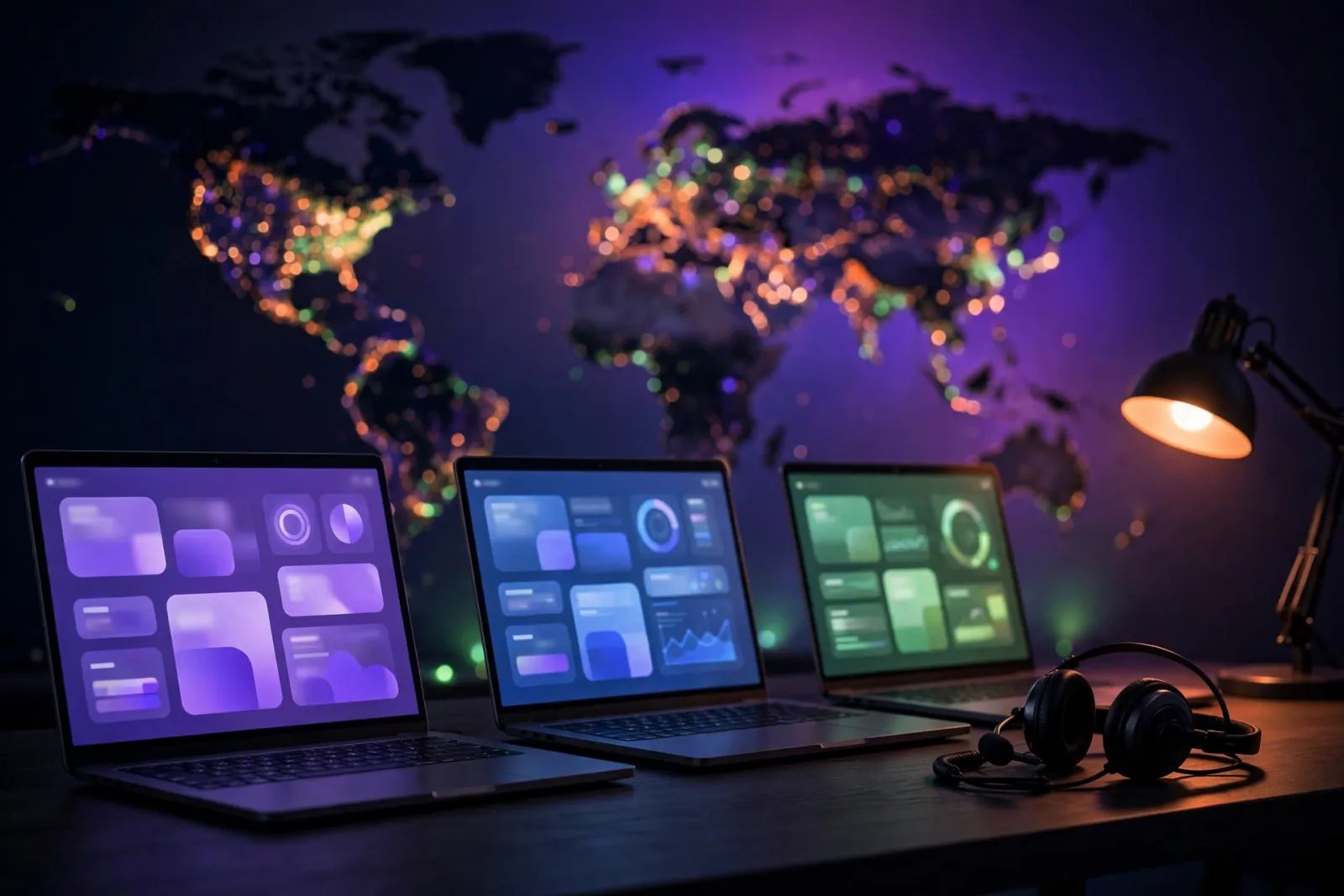 Three laptops side by side on a dark desk each displaying a different website mockup, with a blurred world map mural and glow