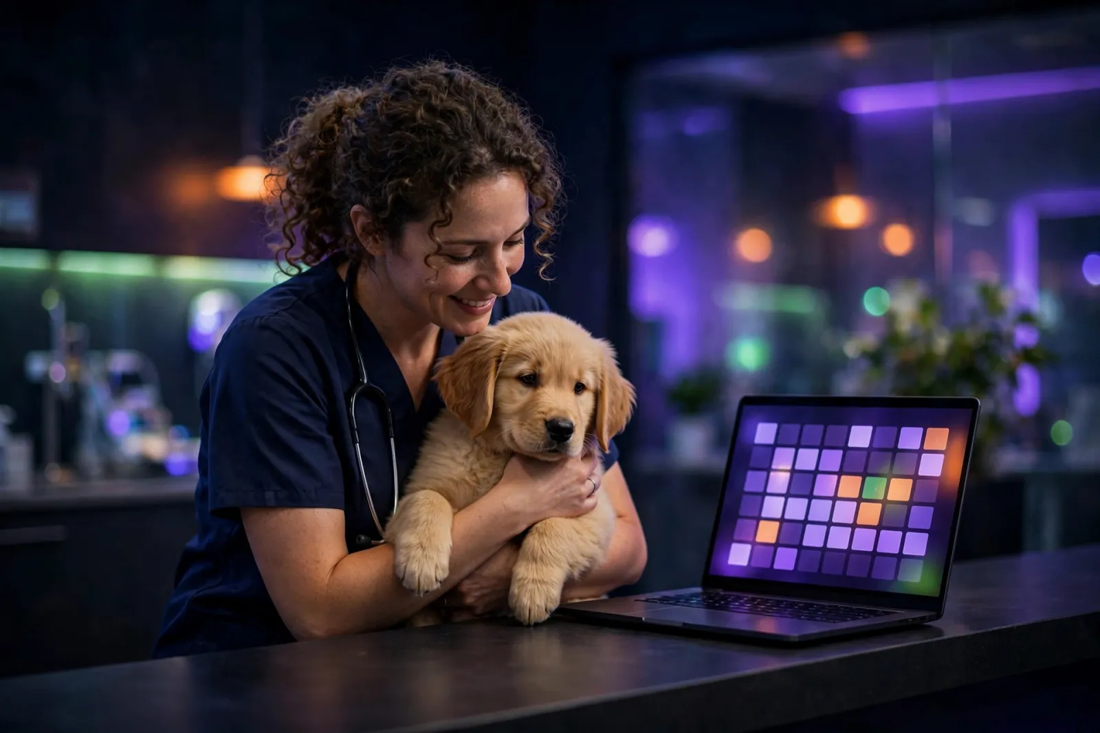 A veterinarian in scrubs gently holds a golden retriever puppy beside a laptop showing a glowing appointment booking calendar