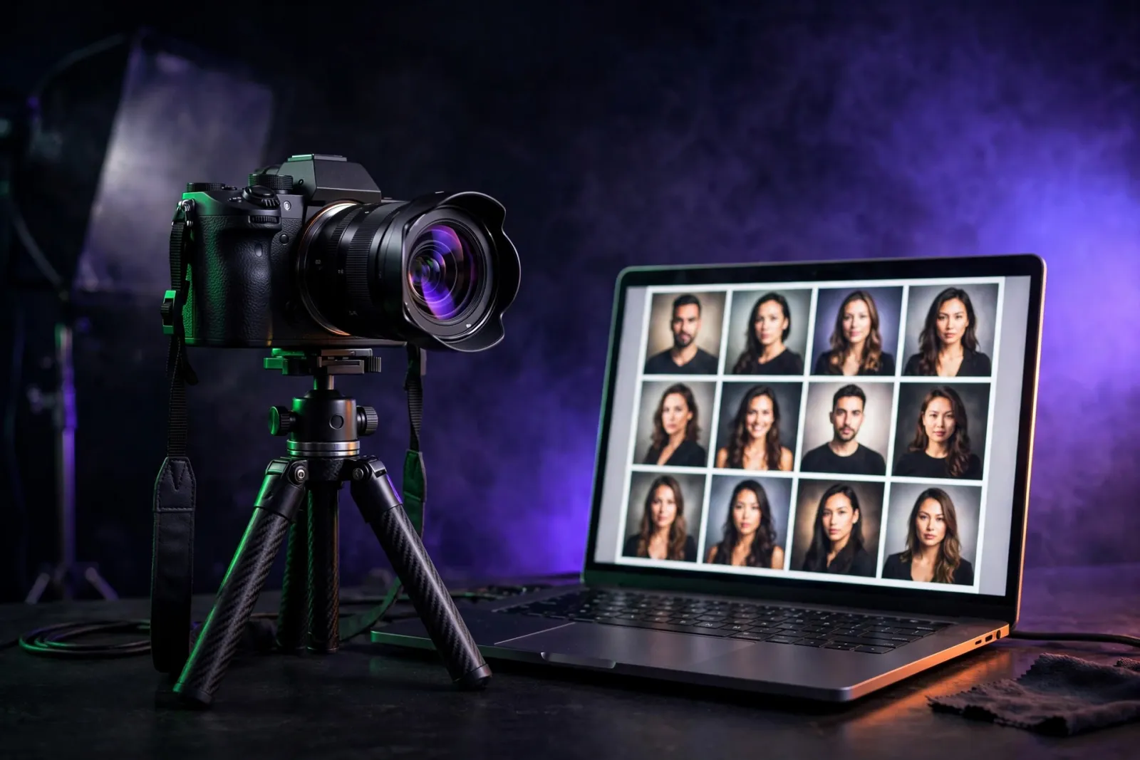 A professional camera on a tripod beside a laptop displaying a glowing grid of portrait photos in a dark studio, representing