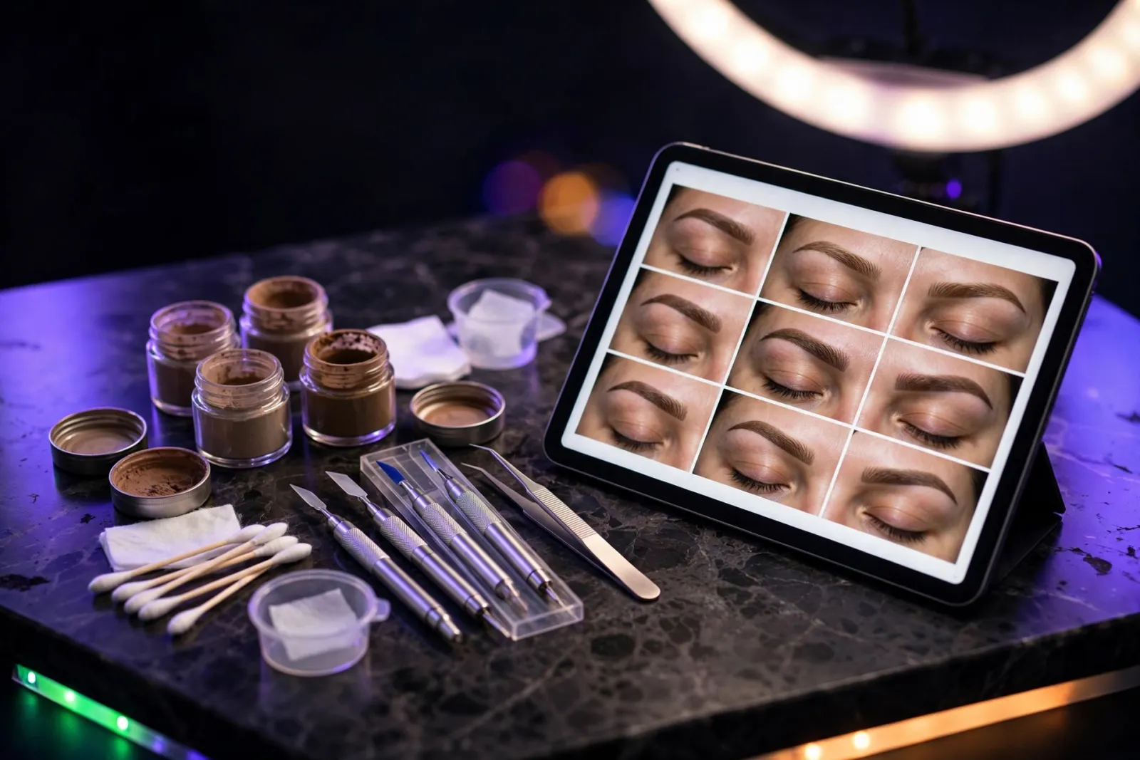Precision microblading tools and pigment pots on dark marble beside a tablet glowing with a gallery of healed eyebrow work ph