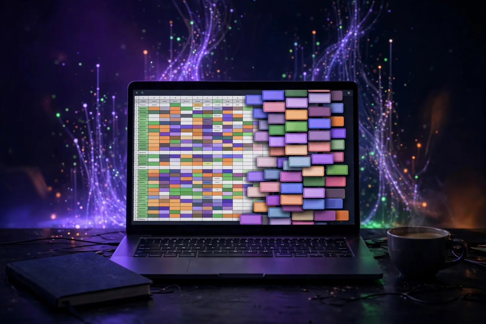 A laptop close-up showing a colorful spreadsheet and content-template dashboard with dozens of page thumbnail cards cascading