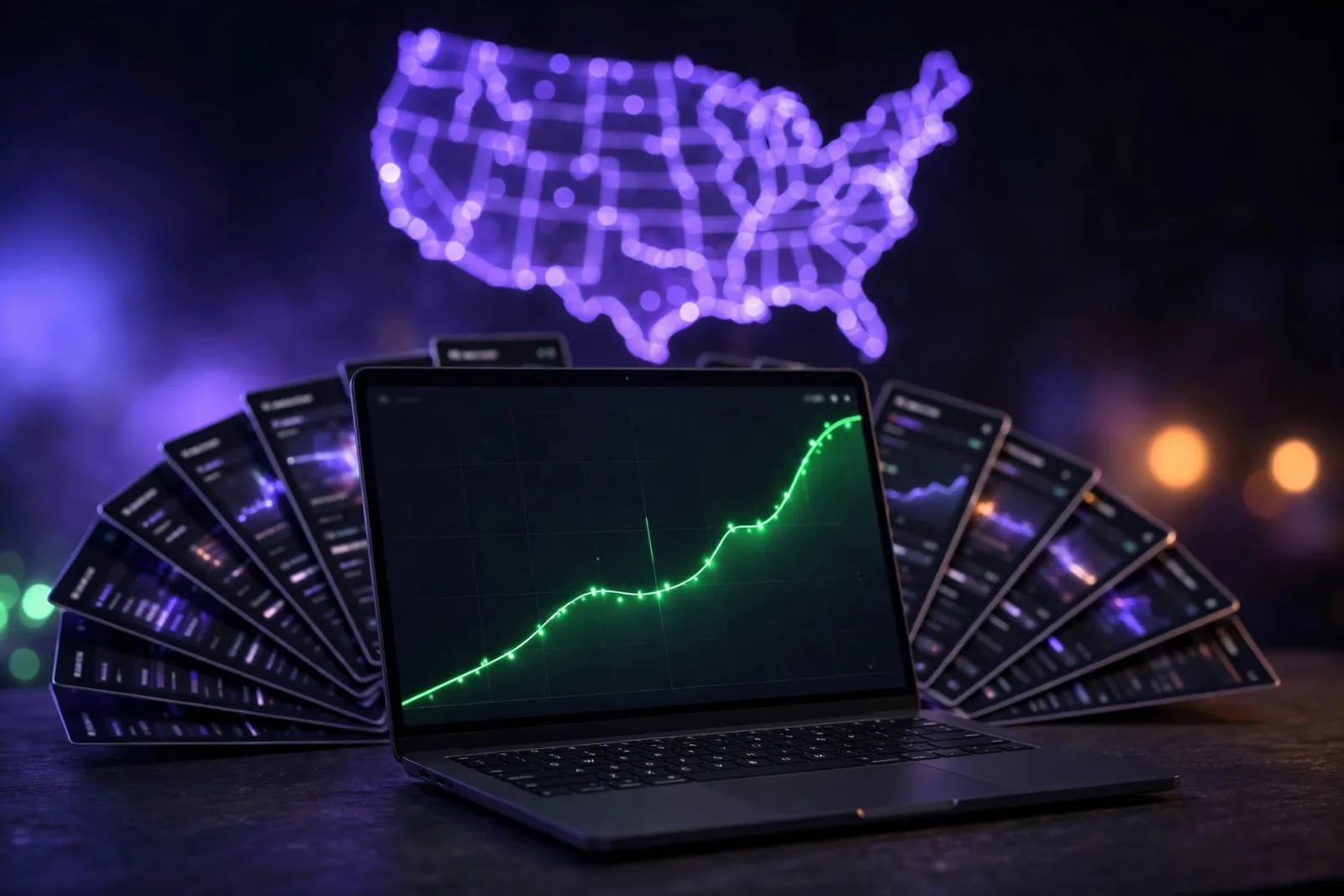 A laptop on a dark desk showing a glowing analytics dashboard with a steep rising growth chart and fanned-out page tiles, wit
