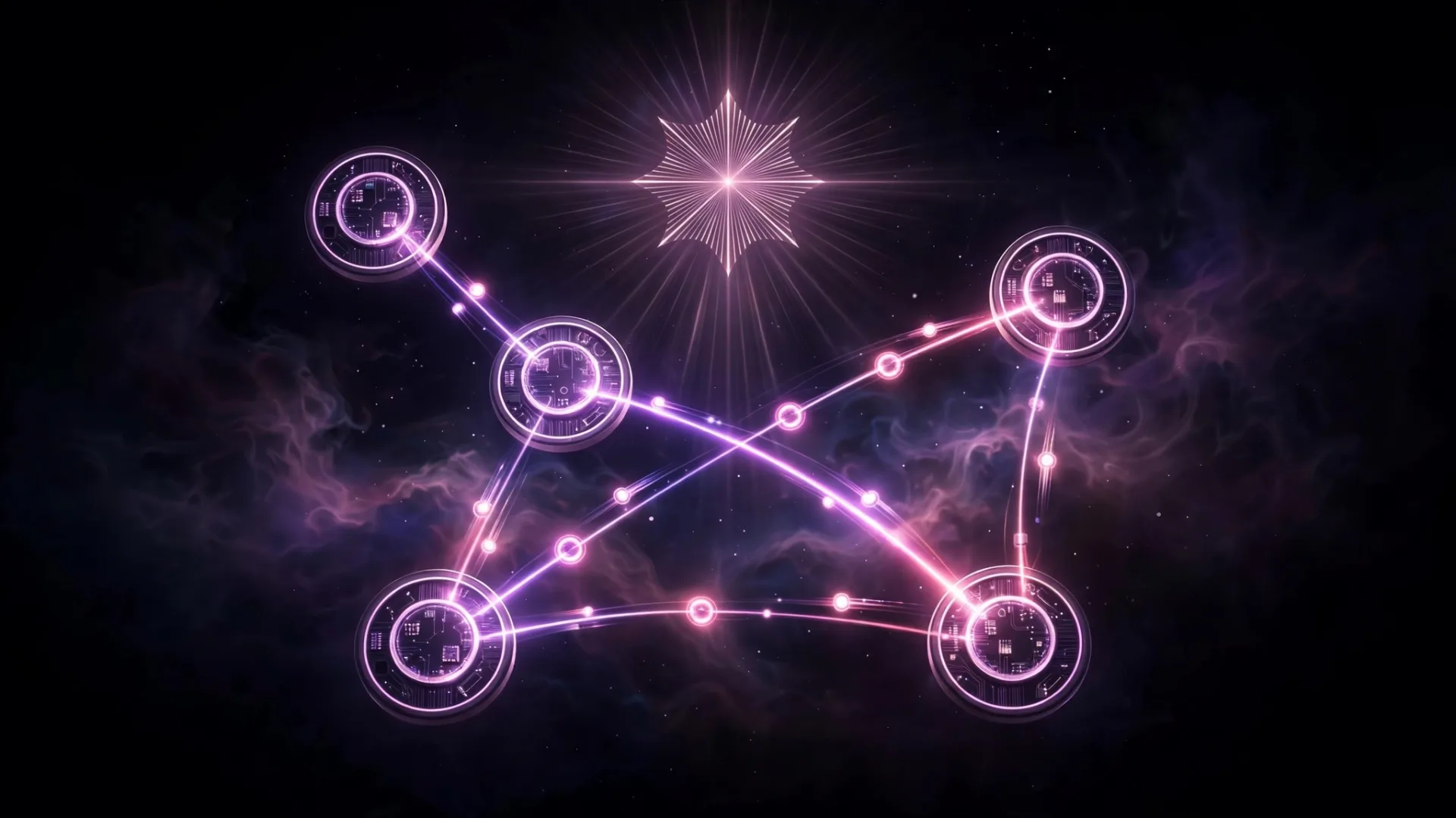 Abstract illustration of five glowing network nodes connected by light trails, representing the Peppol 5-corner e-invoicing model used in the UAE