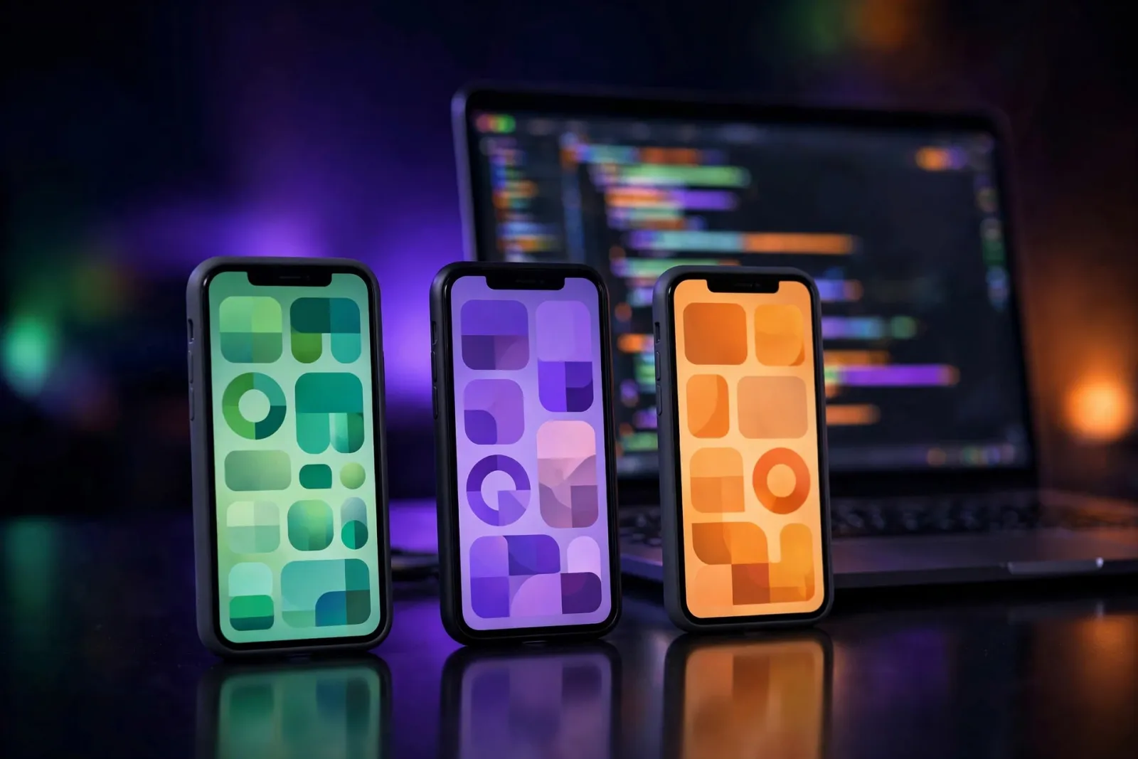 Three smartphones standing upright on a dark reflective desk, each showing a different colorful app interface, with a glowing