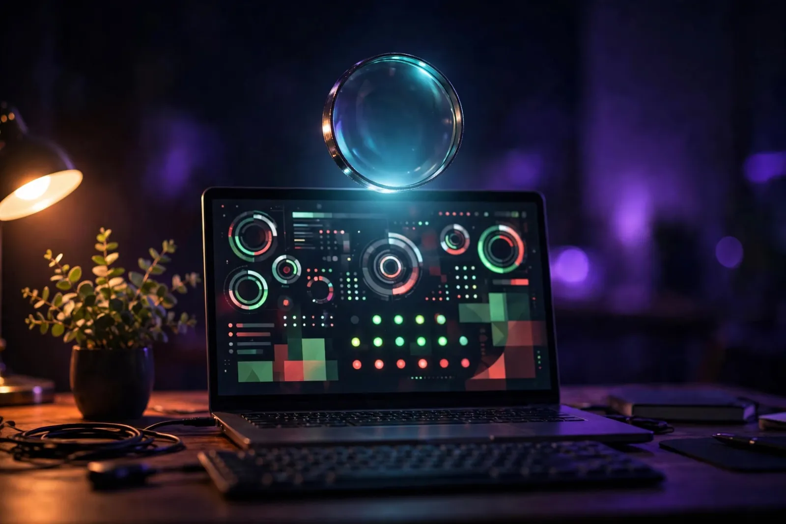 A glowing magnifying glass hovering over a laptop displaying an abstract SEO scan dashboard with red and green status indicat