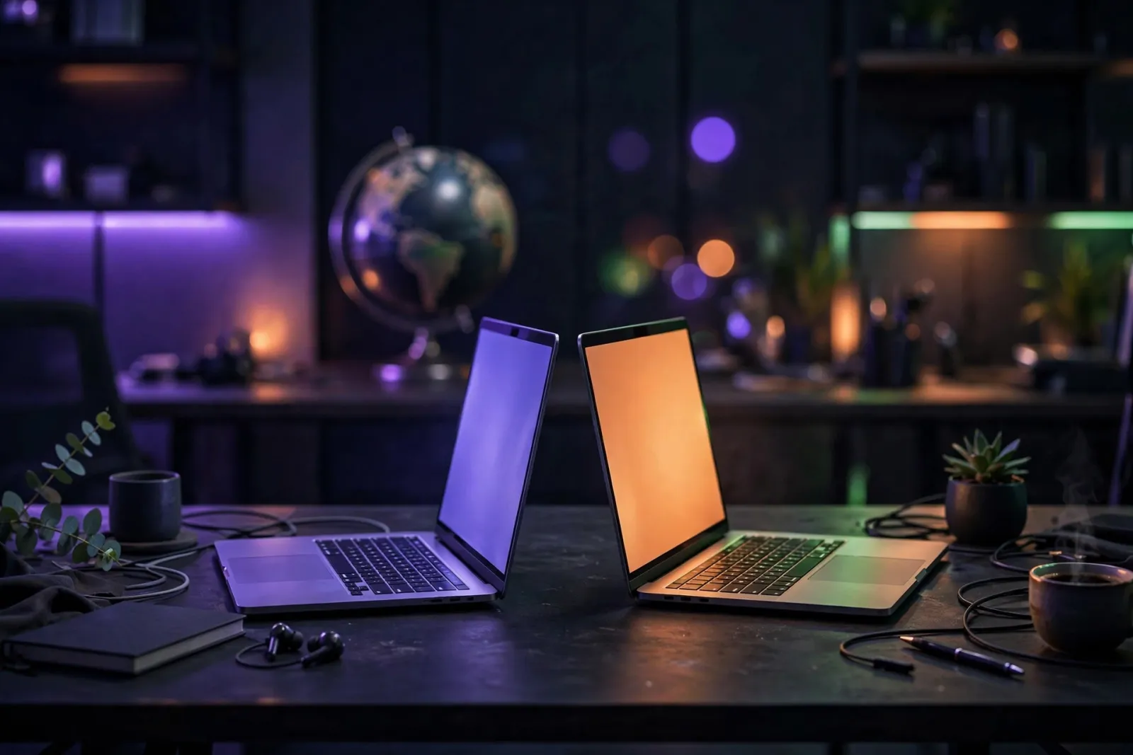 Two laptops side by side on a dark office desk with glowing screens facing opposite directions and a blurred globe behind the