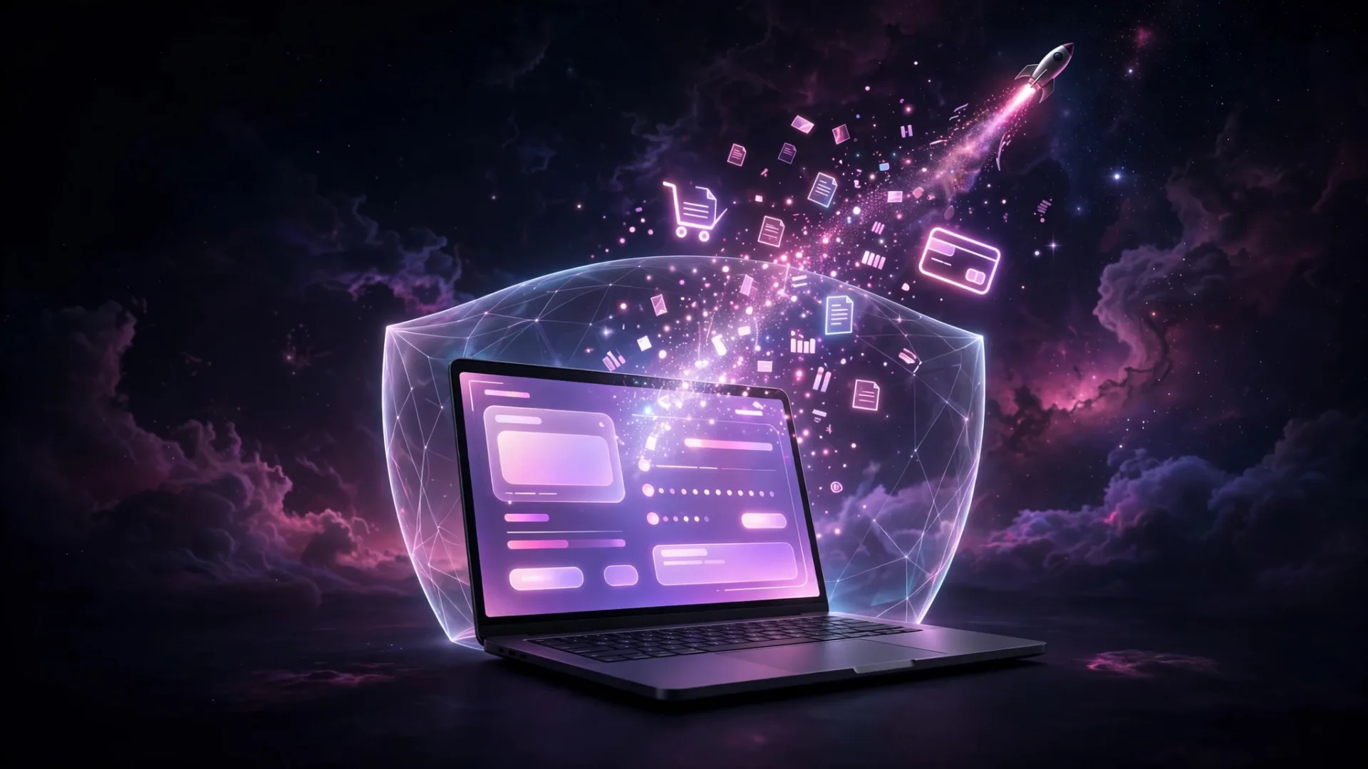 Laptop showing an online store checkout protected by a glowing shield with invoice data streaming upward, representing e-commerce readiness for UAE e-invoicing