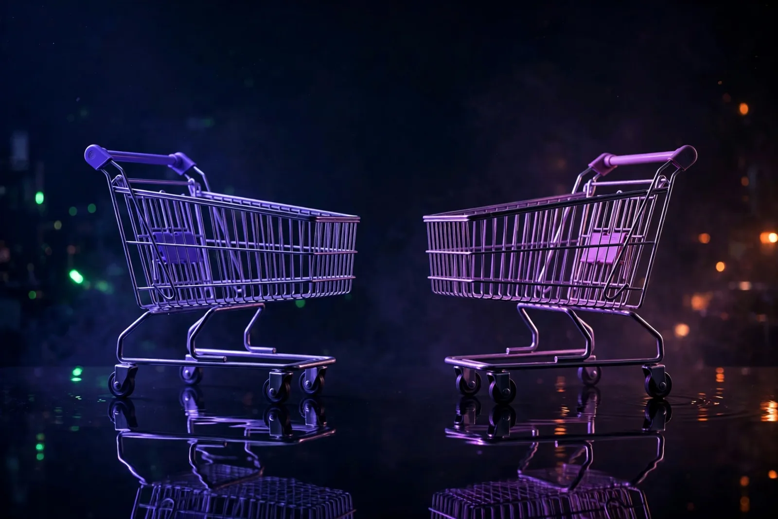 Two shopping cart models on a reflective dark table facing each other like a face-off, one bathed in violet light and the oth