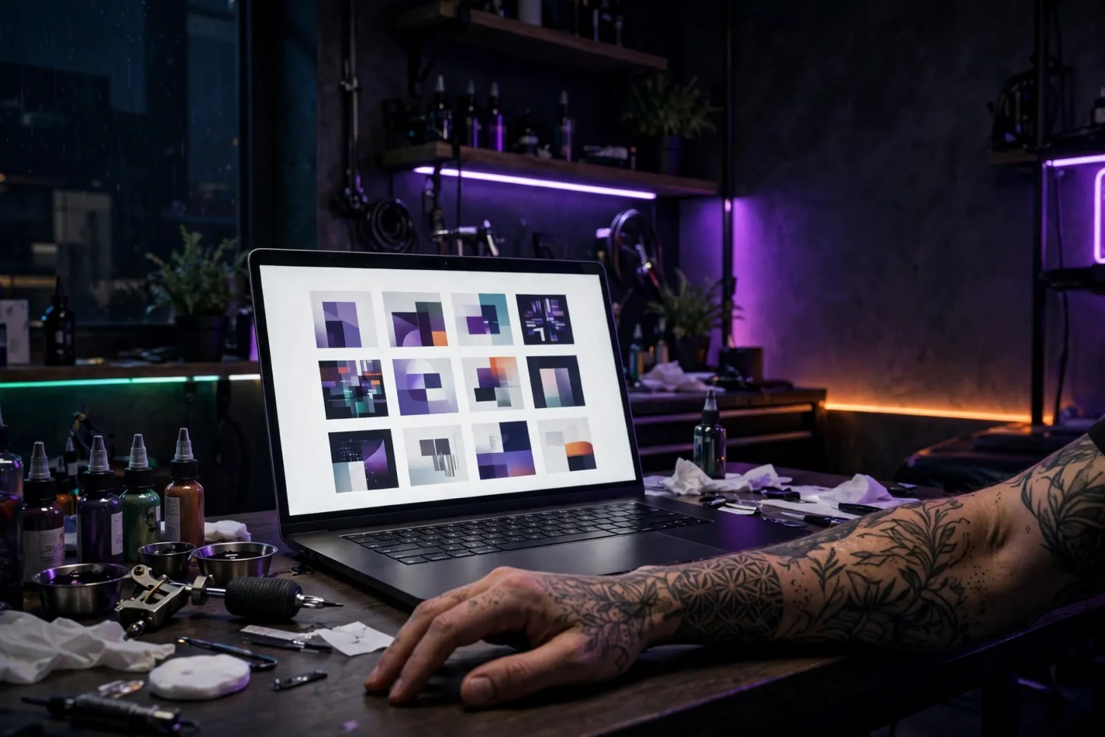 A moody tattoo studio at night with ink bottles, a tattoo machine, and a heavily tattooed arm resting beside a laptop showing