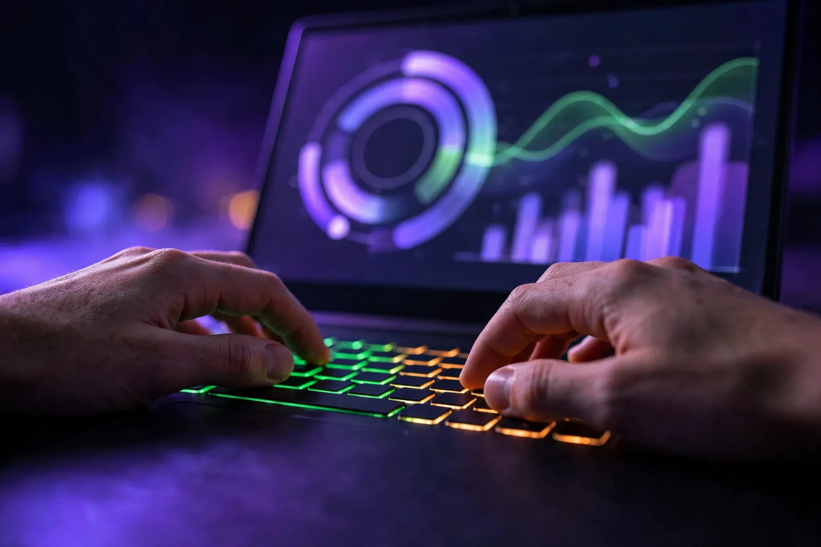 Hands typing on a backlit laptop in a dark studio, the glowing screen showing abstract Core Web Vitals speed-gauge graphics i