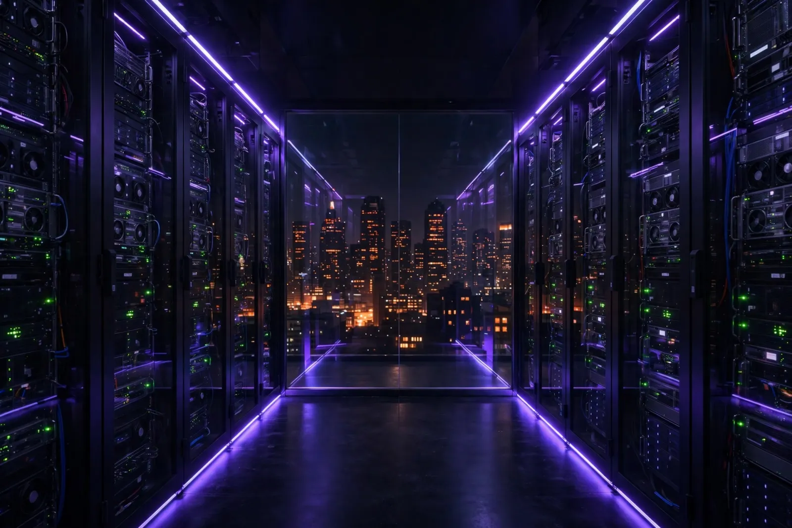 A dark server-room corridor with glowing racks and a night-time American city skyline behind glass, bathed in violet and purp