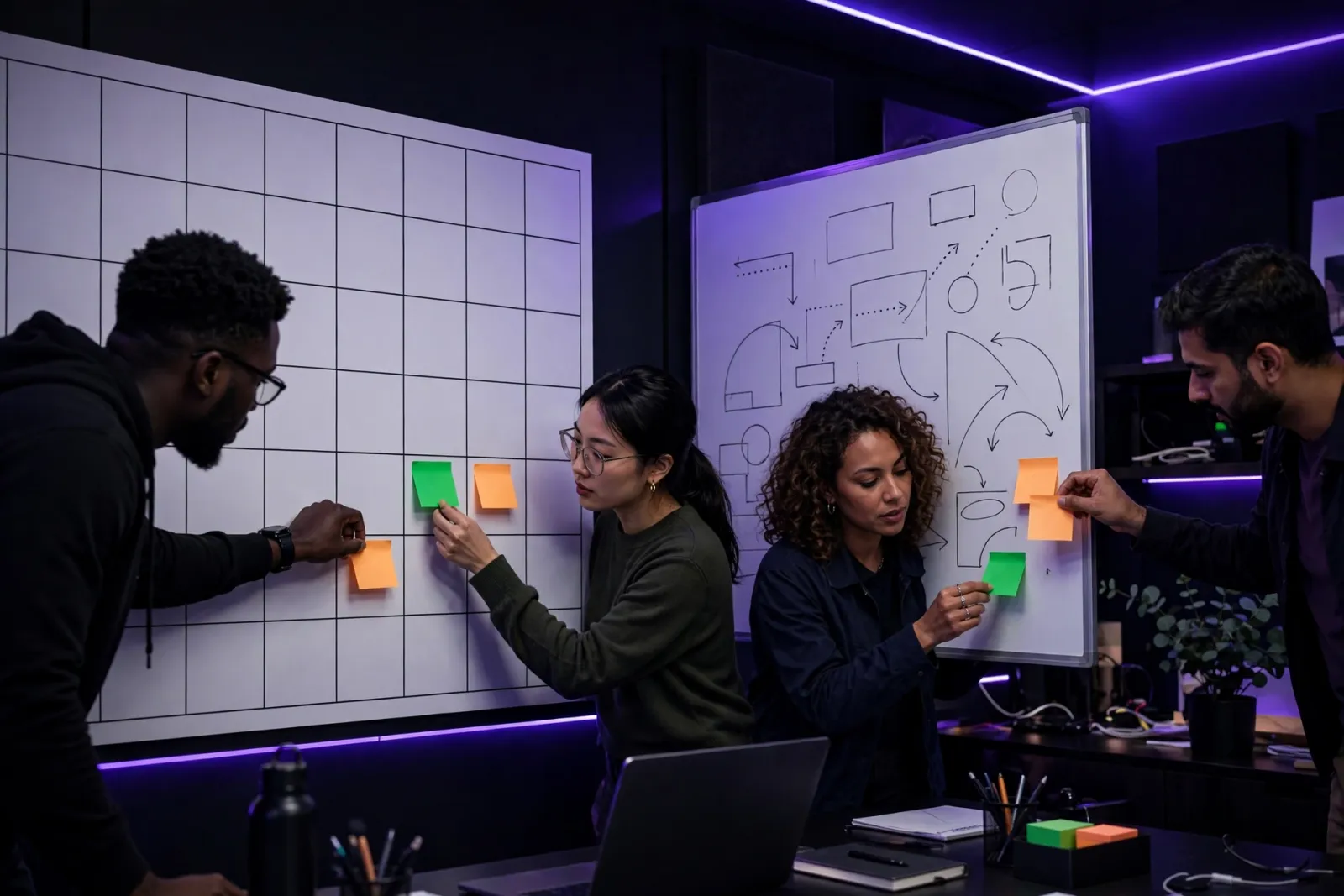A design team collaborating around a wall calendar planning board with sticky notes in a dark modern office, lit by violet an