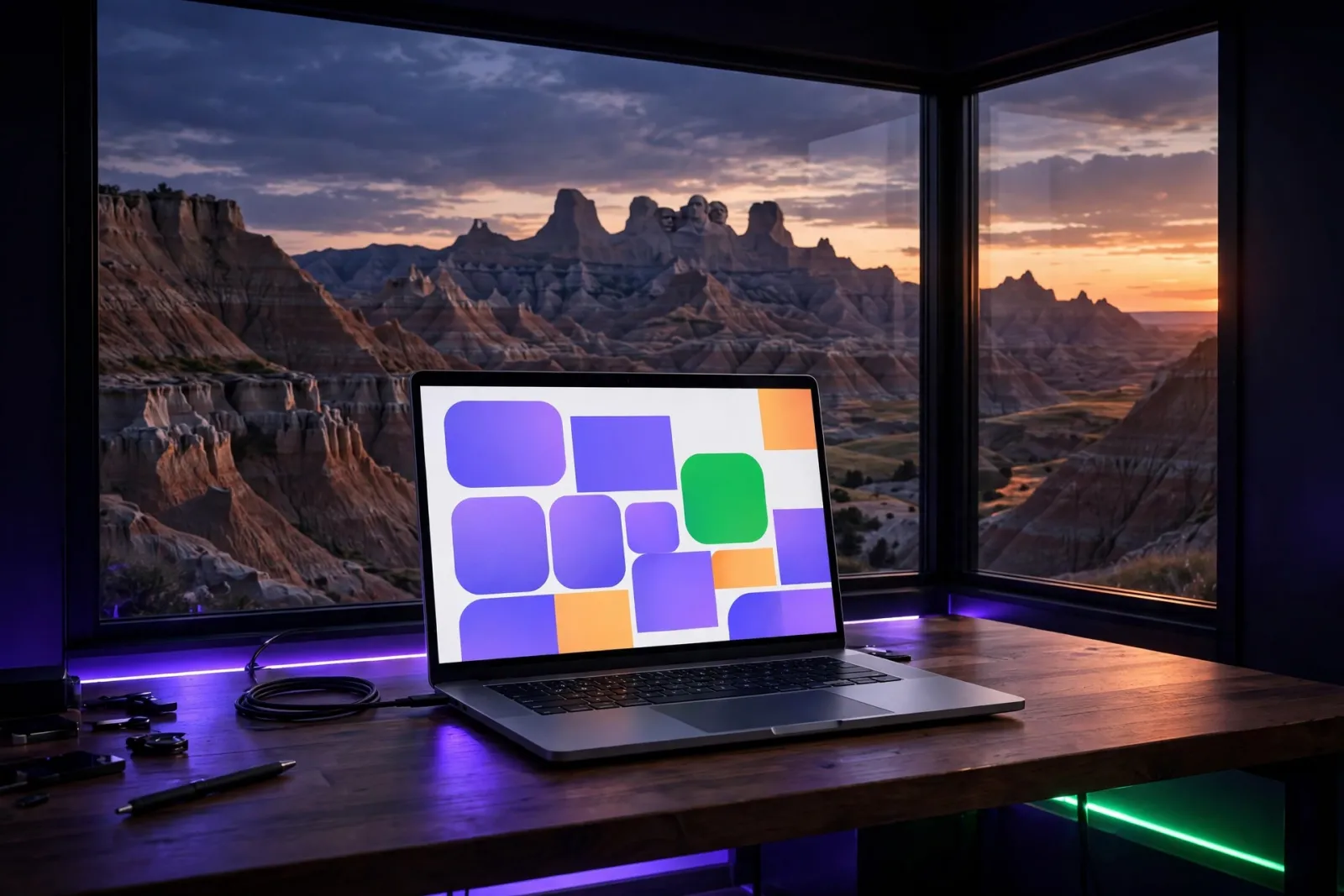 A sleek laptop displaying an abstract website homepage mockup on a wooden desk in front of a window revealing the South Dakot