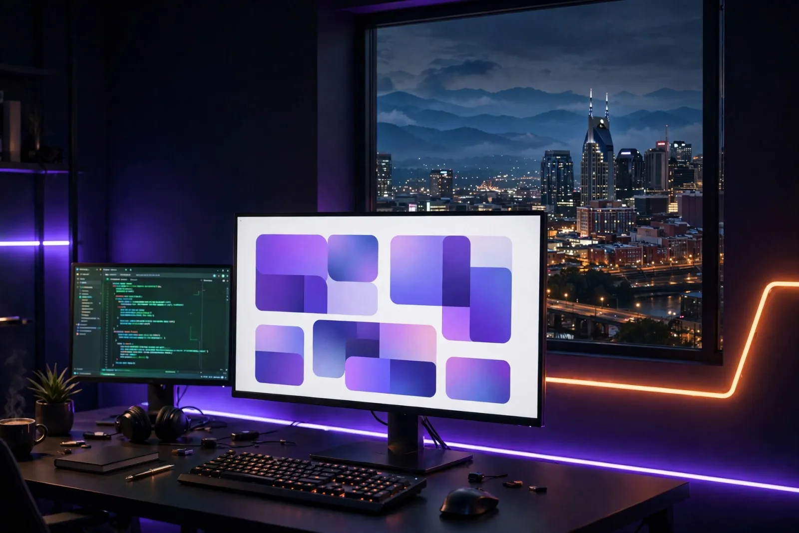 A modern developer workspace with a large monitor showing abstract web design layouts beside a window overlooking the Nashvil