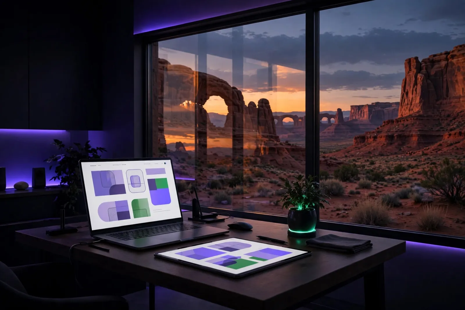 A minimalist web design studio desk with a laptop and tablet showing abstract website mockups against a floor-to-ceiling wind