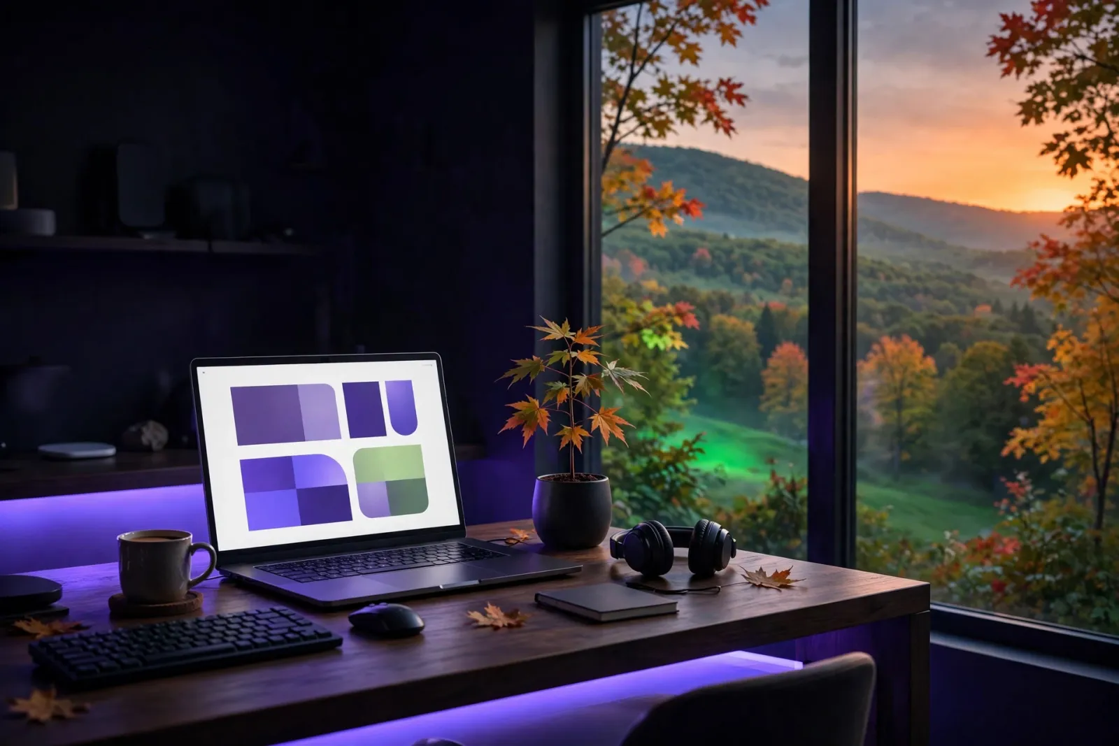 A cozy developer desk setup with a laptop showing an abstract website mockup beside a window overlooking Vermont rolling gree