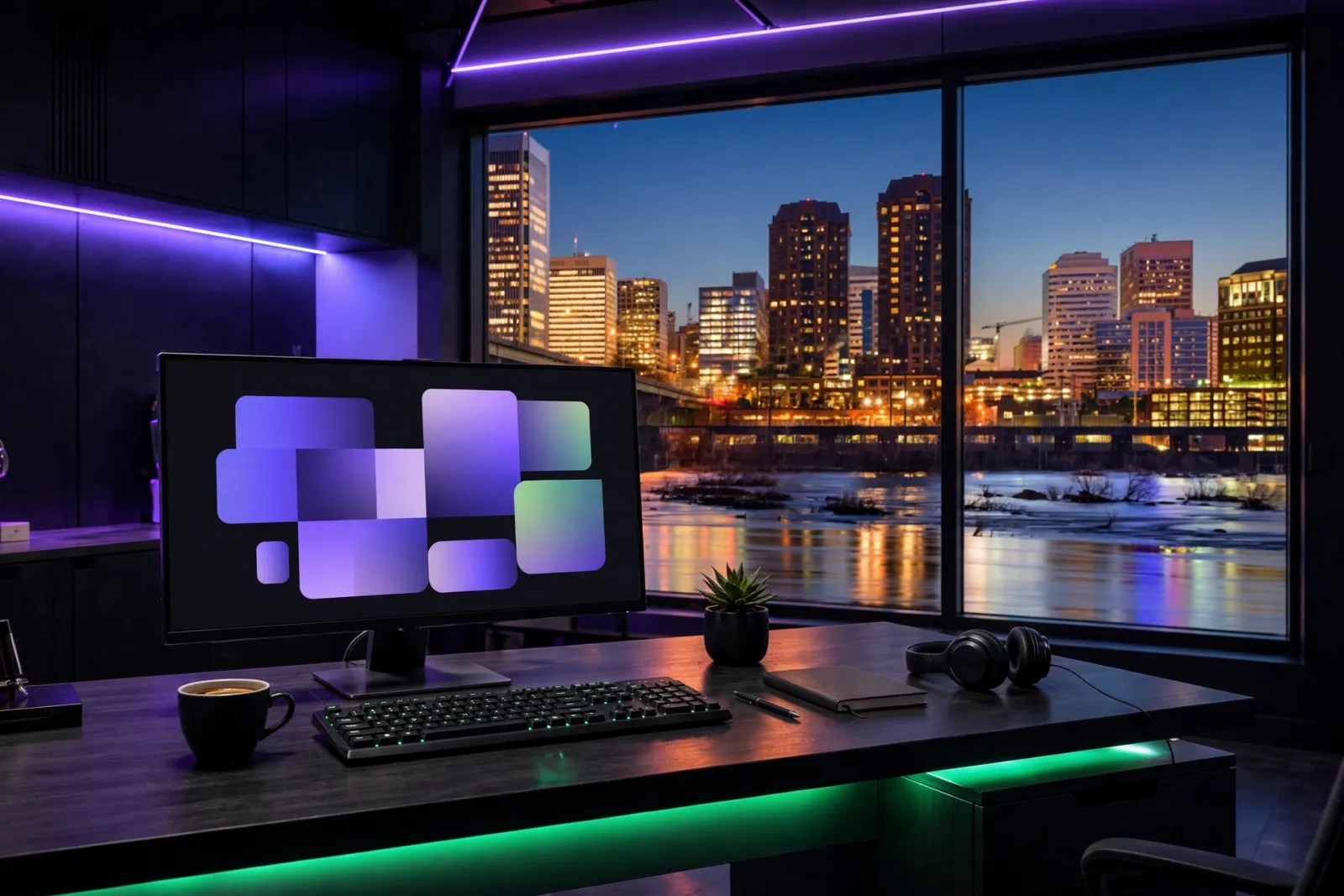 A sleek agency office desk at night with a large monitor displaying an abstract website design mockup in front of a window sh