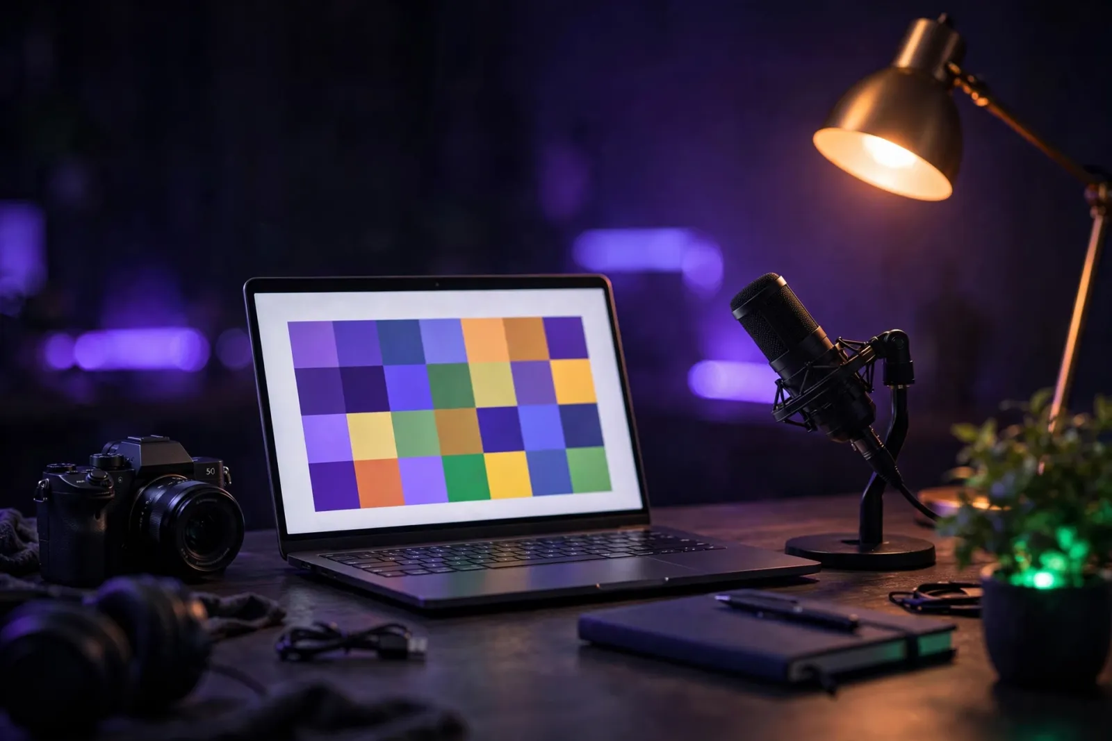A content creator's dark studio desk at night with a laptop showing an abstract content calendar grid, a professional camera,