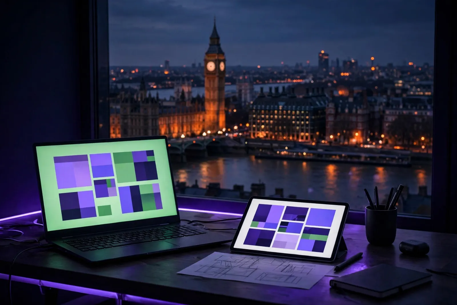 A modern web design agency studio desk with a laptop and design tablet showing abstract website mockups set before a large wi
