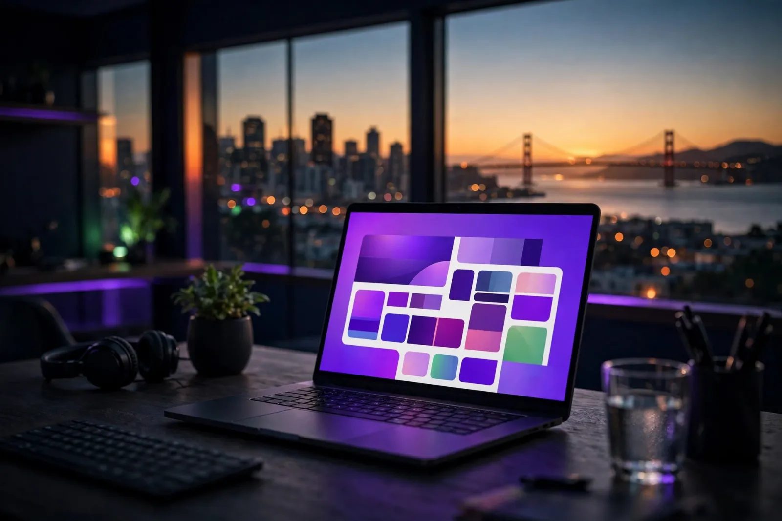 A developer's desk with a glowing laptop displaying website layouts, set against floor-to-ceiling windows overlooking the San