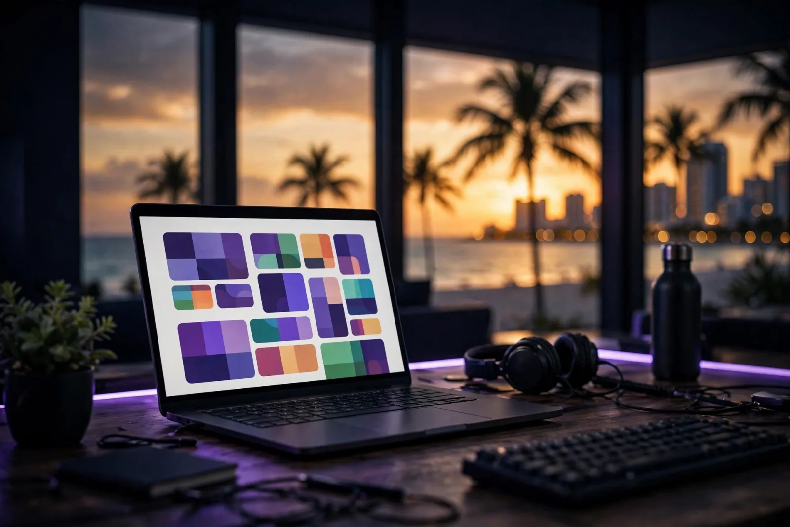 A web developer workspace at dusk with a glowing laptop, large windows revealing the Miami beachfront skyline, palm tree silh