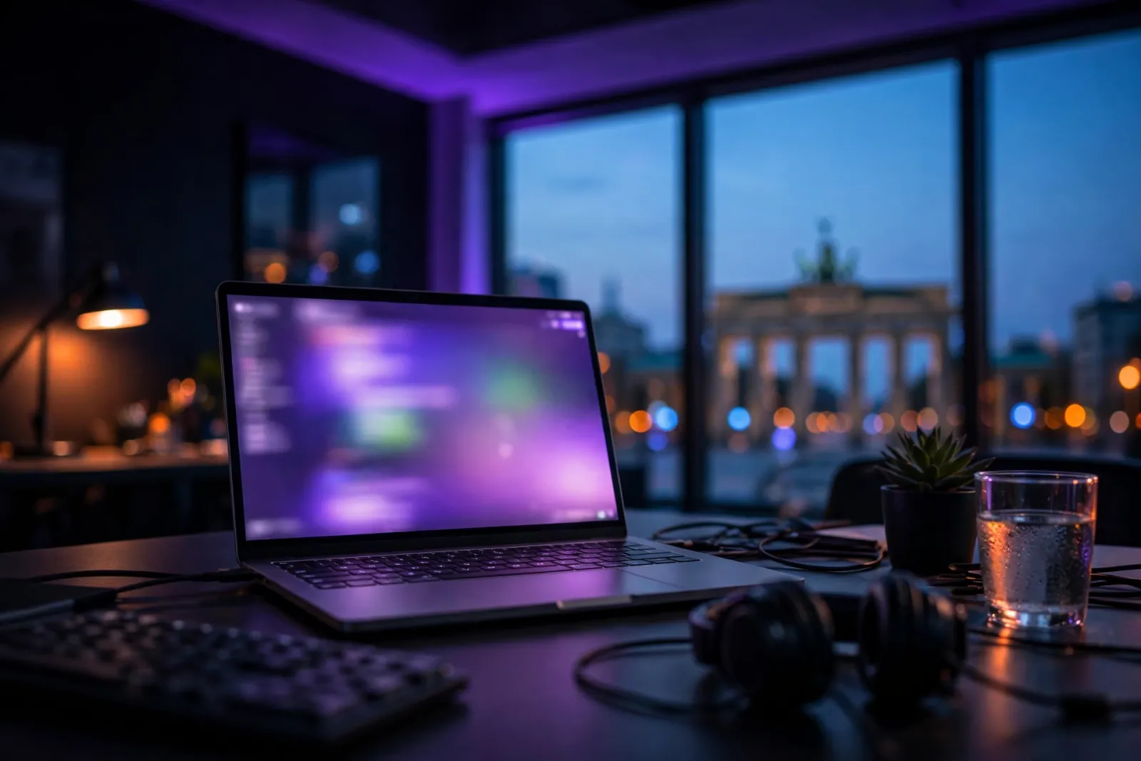 A modern developer's desk in Germany with a laptop glowing with website pages and code, tall windows showing the Berlin skyli