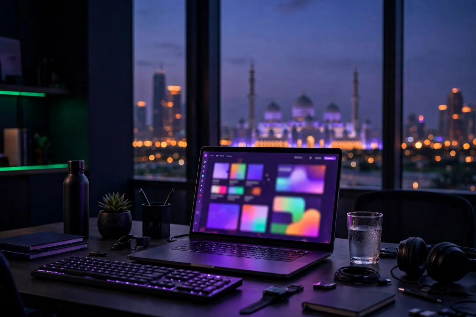 A developer's workspace at dusk in Abu Dhabi with a glowing laptop, large windows revealing the city skyline with the white d