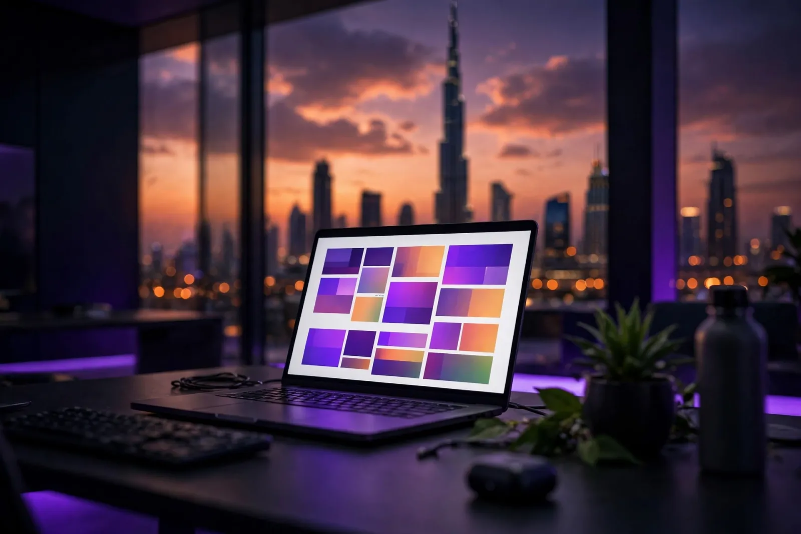 A web developer's desk at dusk in Dubai with a glowing laptop showing website layouts, floor-to-ceiling windows framing the D