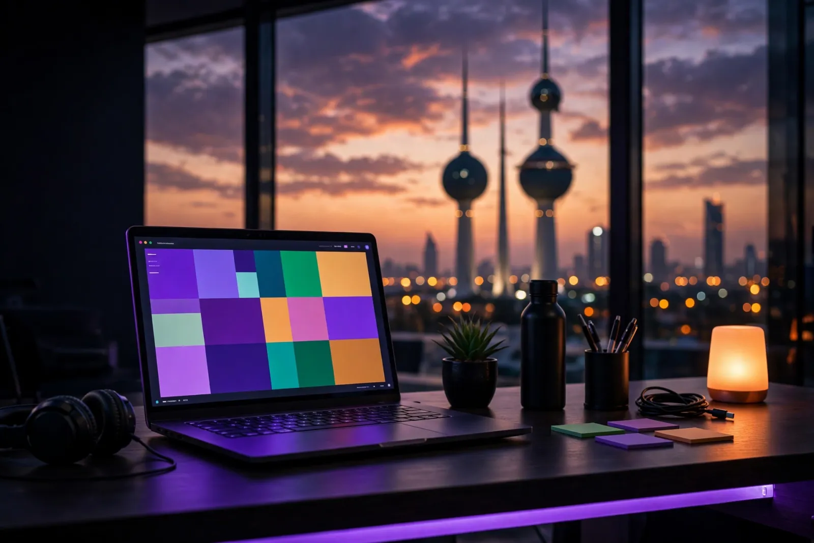 A developer's workspace at dusk in Kuwait with a glowing laptop, large windows revealing the Kuwait City skyline with the dis