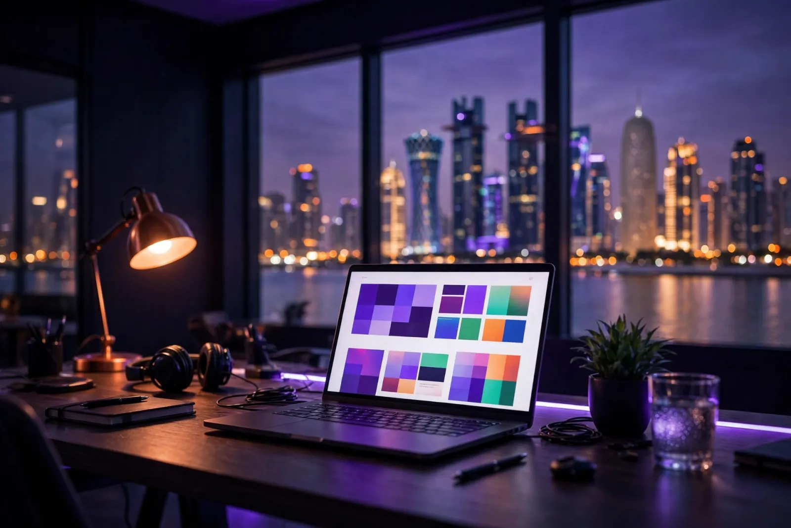 A web developer's desk at dusk in Qatar with a glowing laptop, large windows showing the Doha skyline at twilight with illumi
