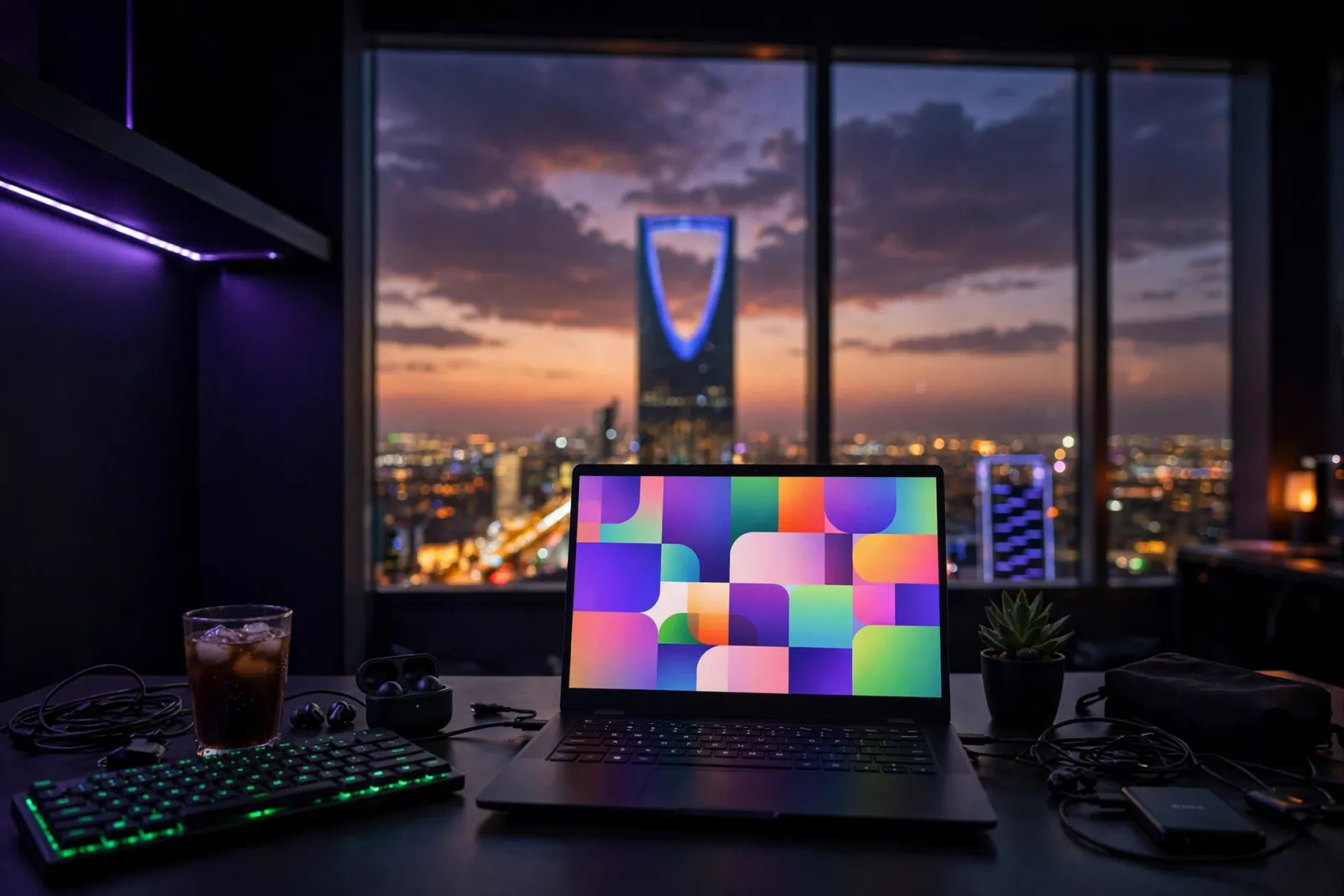 A developer's workspace at dusk in Saudi Arabia with a glowing laptop, large windows revealing the Riyadh skyline with the il