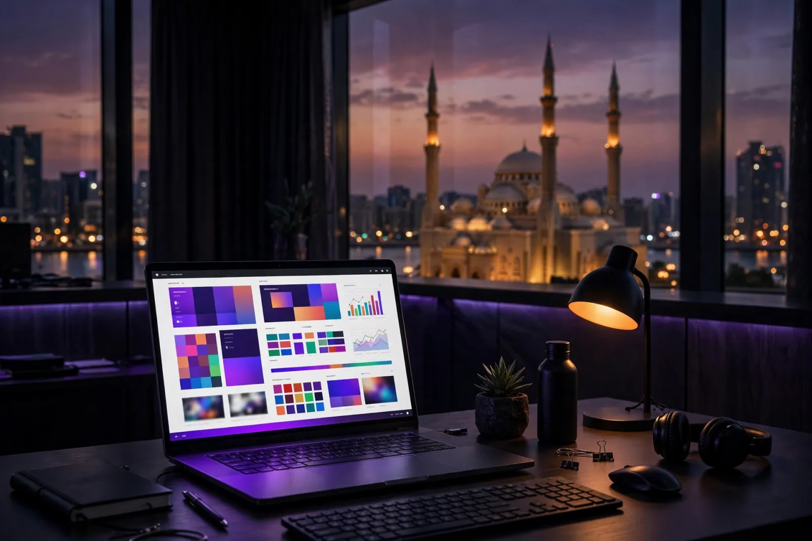 A web developer's desk at dusk in Sharjah with a glowing laptop, large windows revealing the city skyline with the illuminate