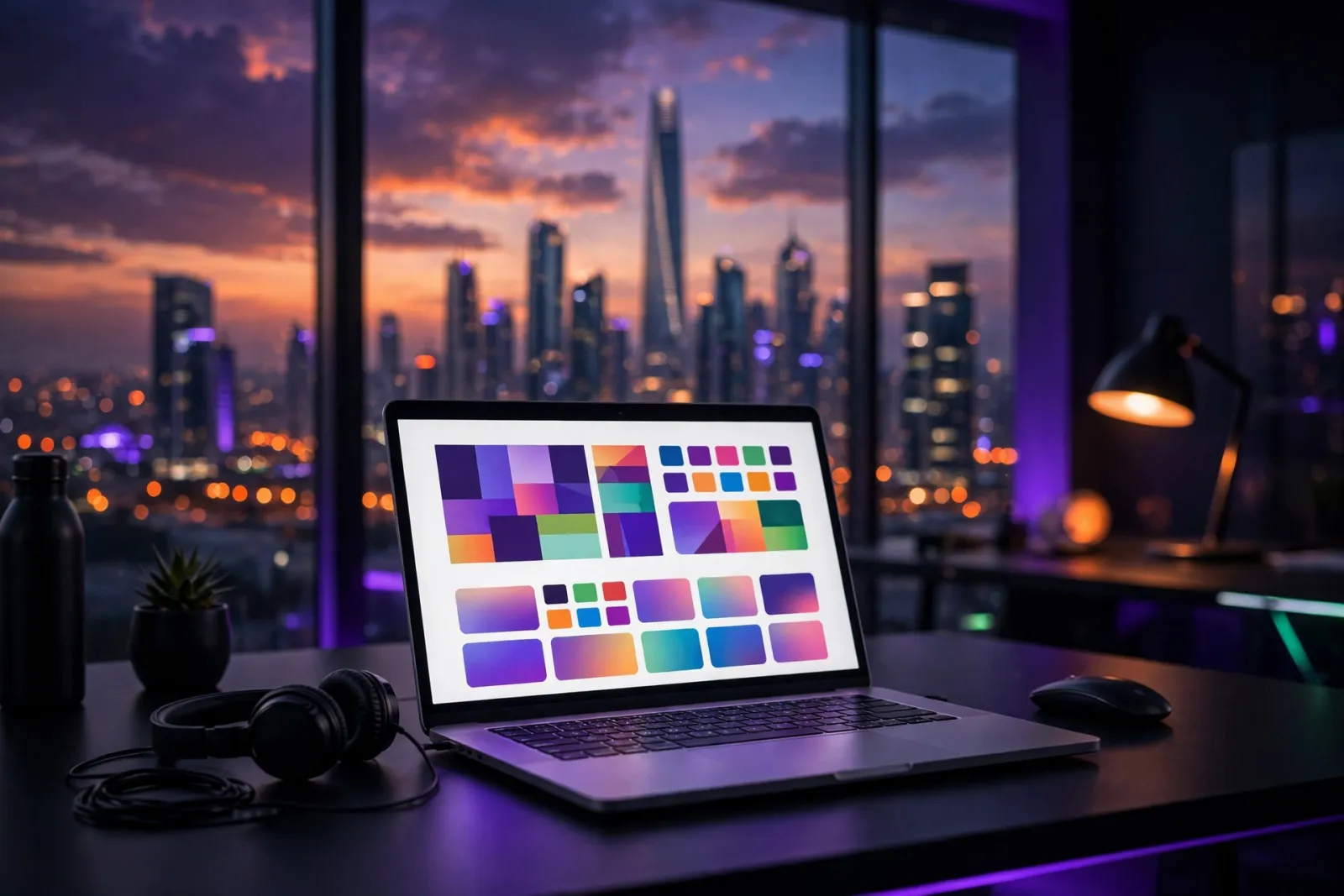 A developer's workspace at dusk in the UAE with a glowing laptop, floor-to-ceiling windows revealing a dramatic futuristic sk