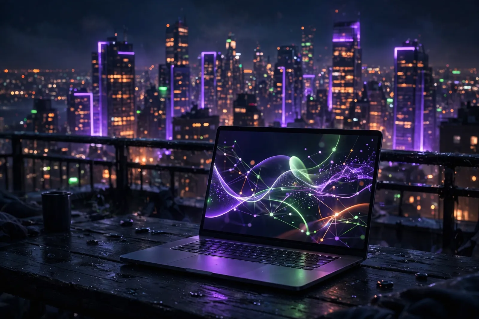 A nighttime Manhattan skyline with glowing skyscraper windows seen from a dark rooftop, a sleek laptop reflecting code in the